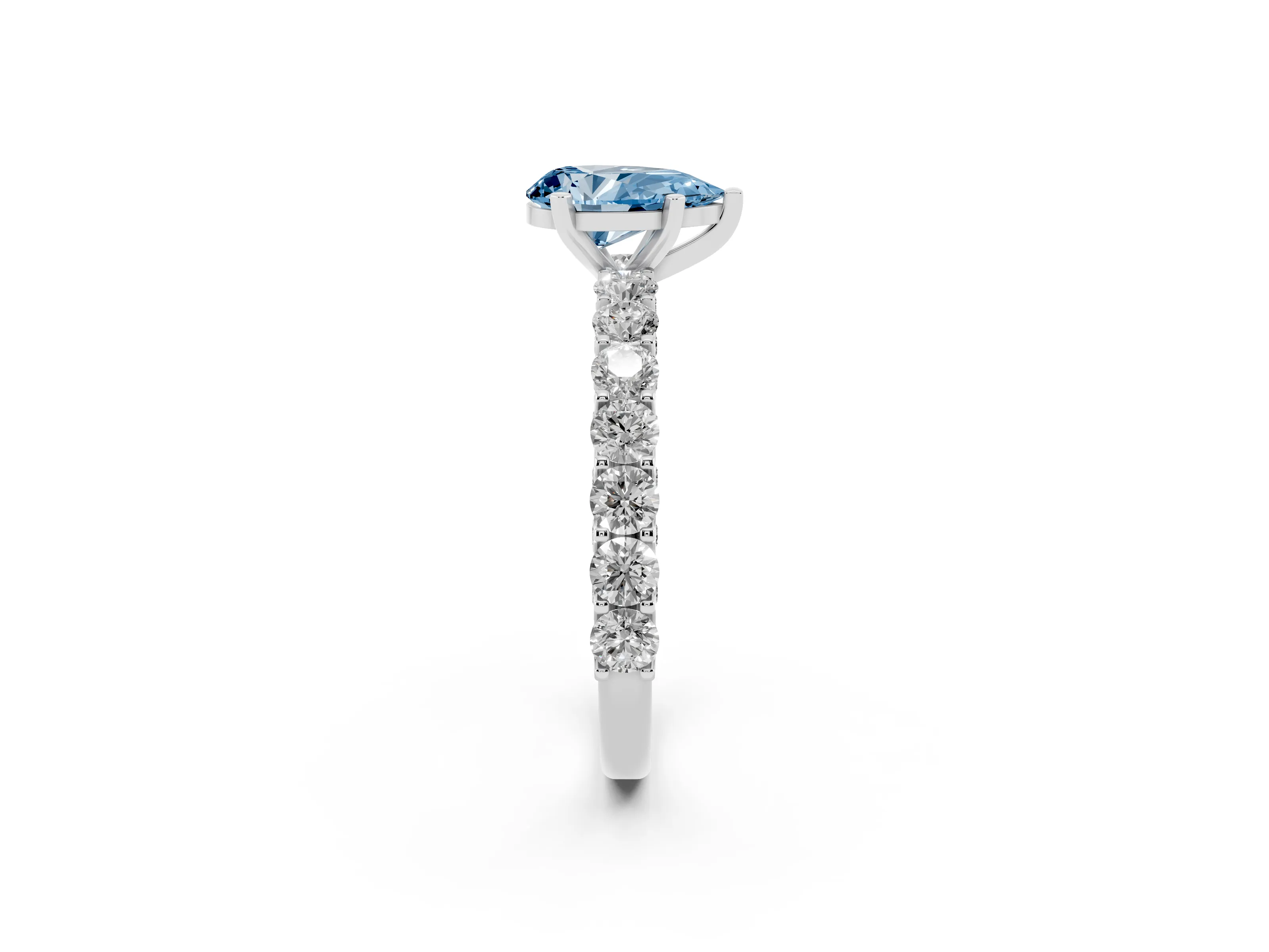 Fancy Blue Pear Cut Diamond Solitaire Ring Set in Platinum with Shared Prong Pavé Band