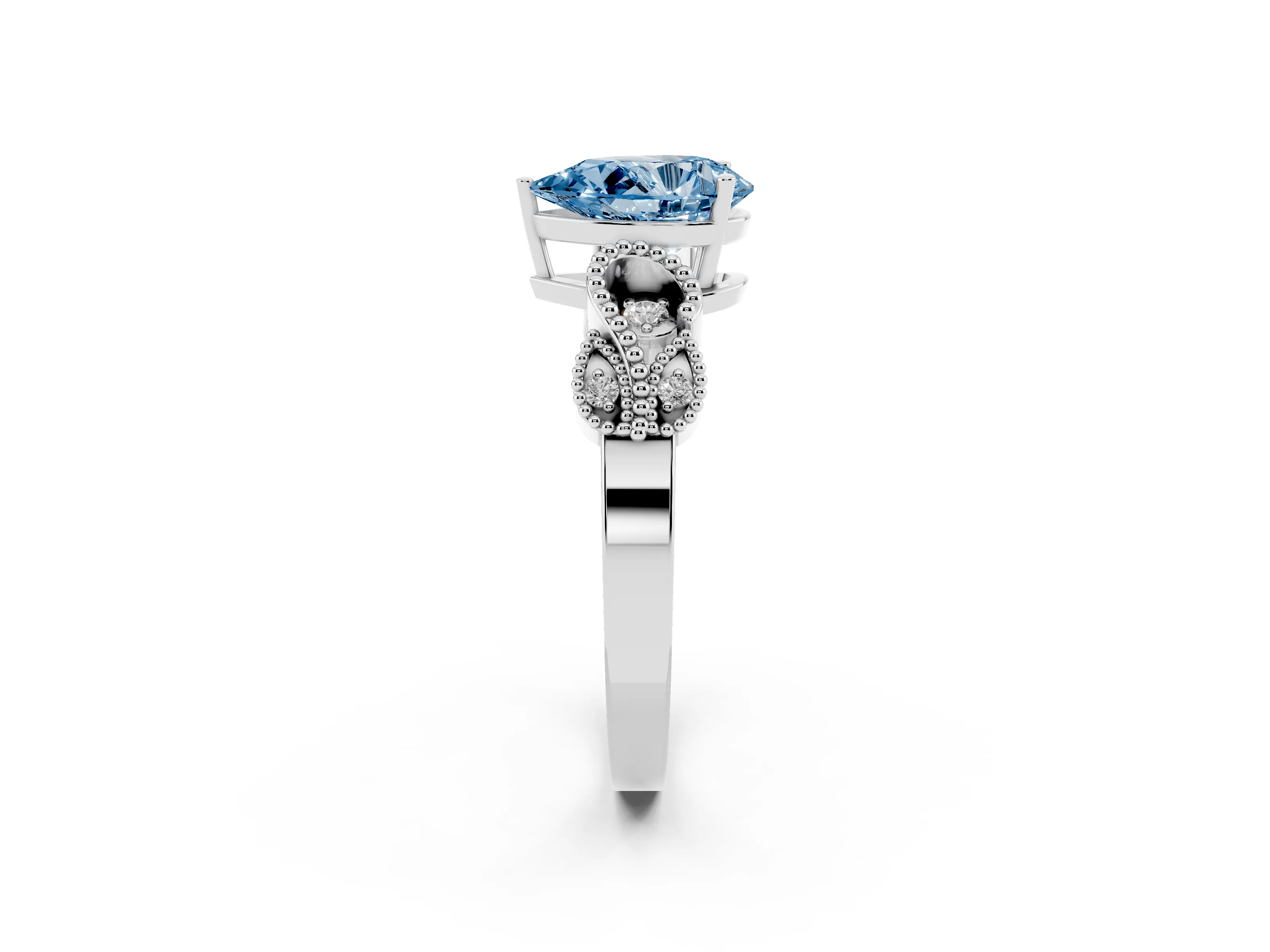 Fancy Blue Pear Cut Diamond Milgrain Leaf Band Solitaire Ring Set in White gold with Accent Stones and Prong Setting
