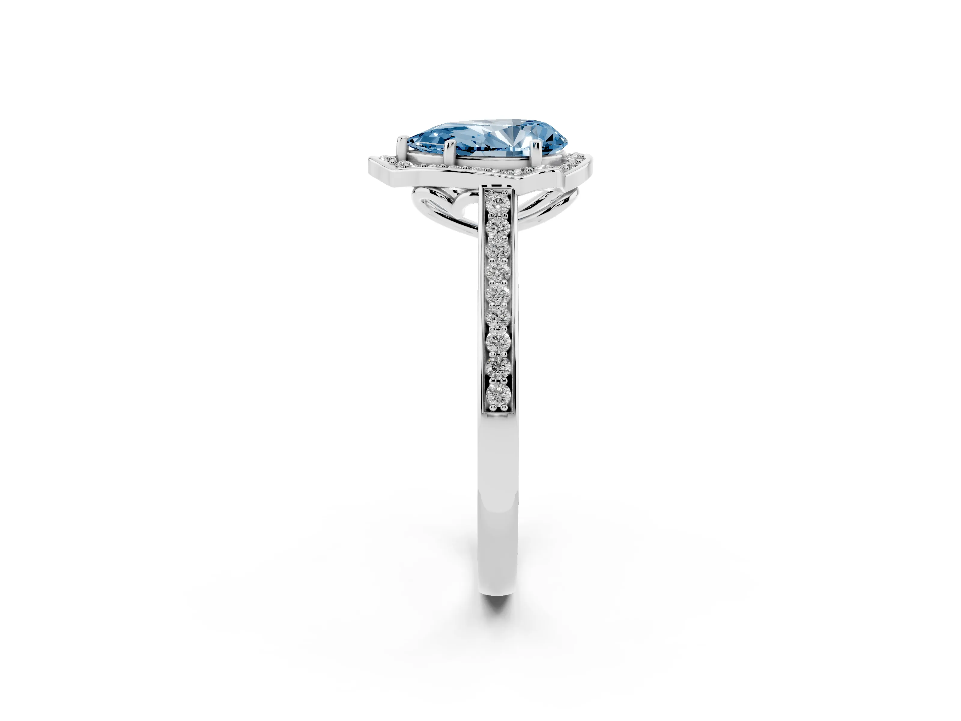 Fancy Blue Pear Cut Diamond Halo Ring Set in White gold with Pavé-Lined Shoulders and Prong Setting