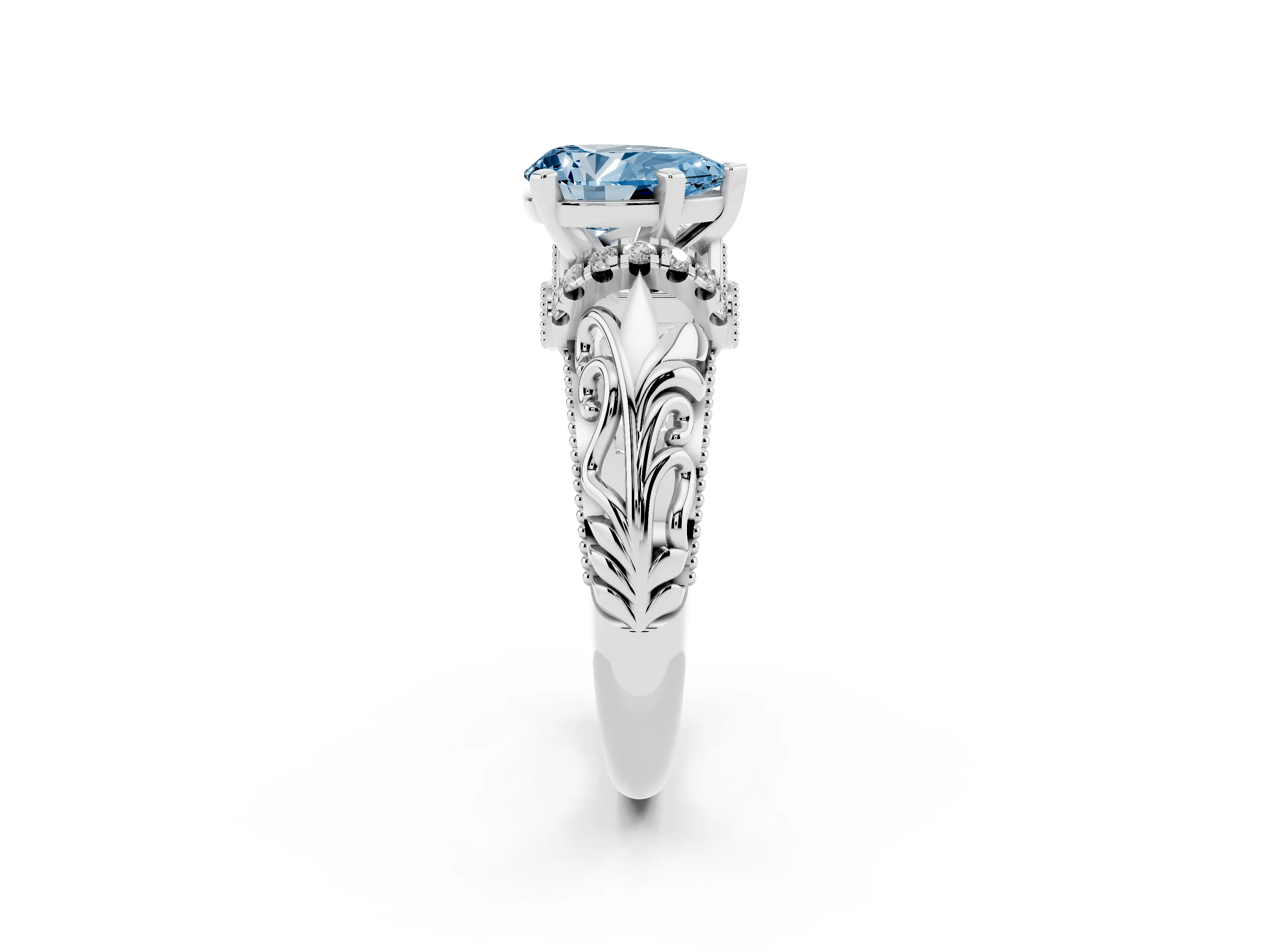 Fancy Blue Pear Cut Diamond Filigree Halo Engagement Ring Set in Silver with Prong Setting