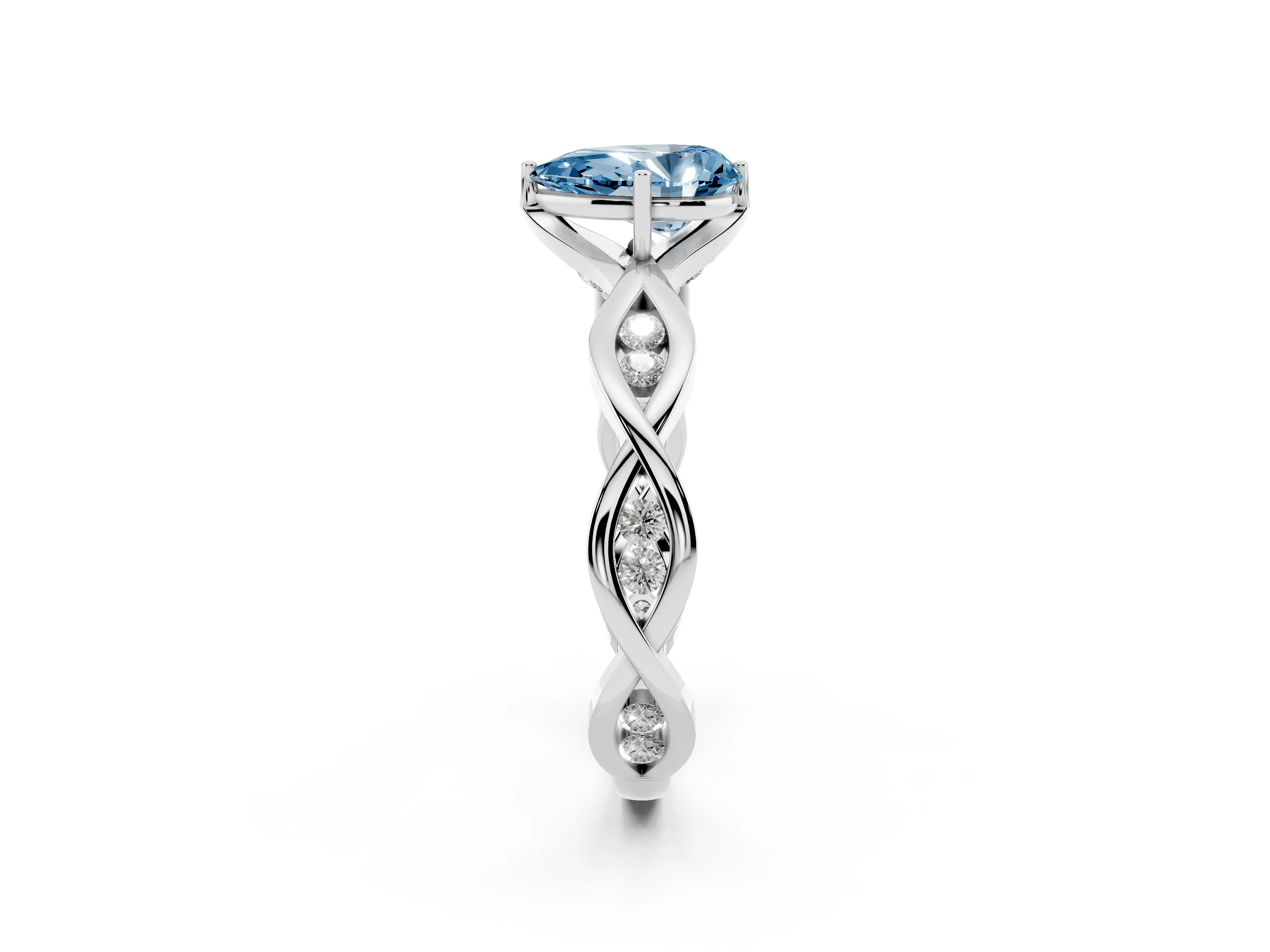 Fancy Blue Pear Cut Diamond Twist Band Solitaire Ring Set in Silver with Leaf Prong Setting and Accent Stones