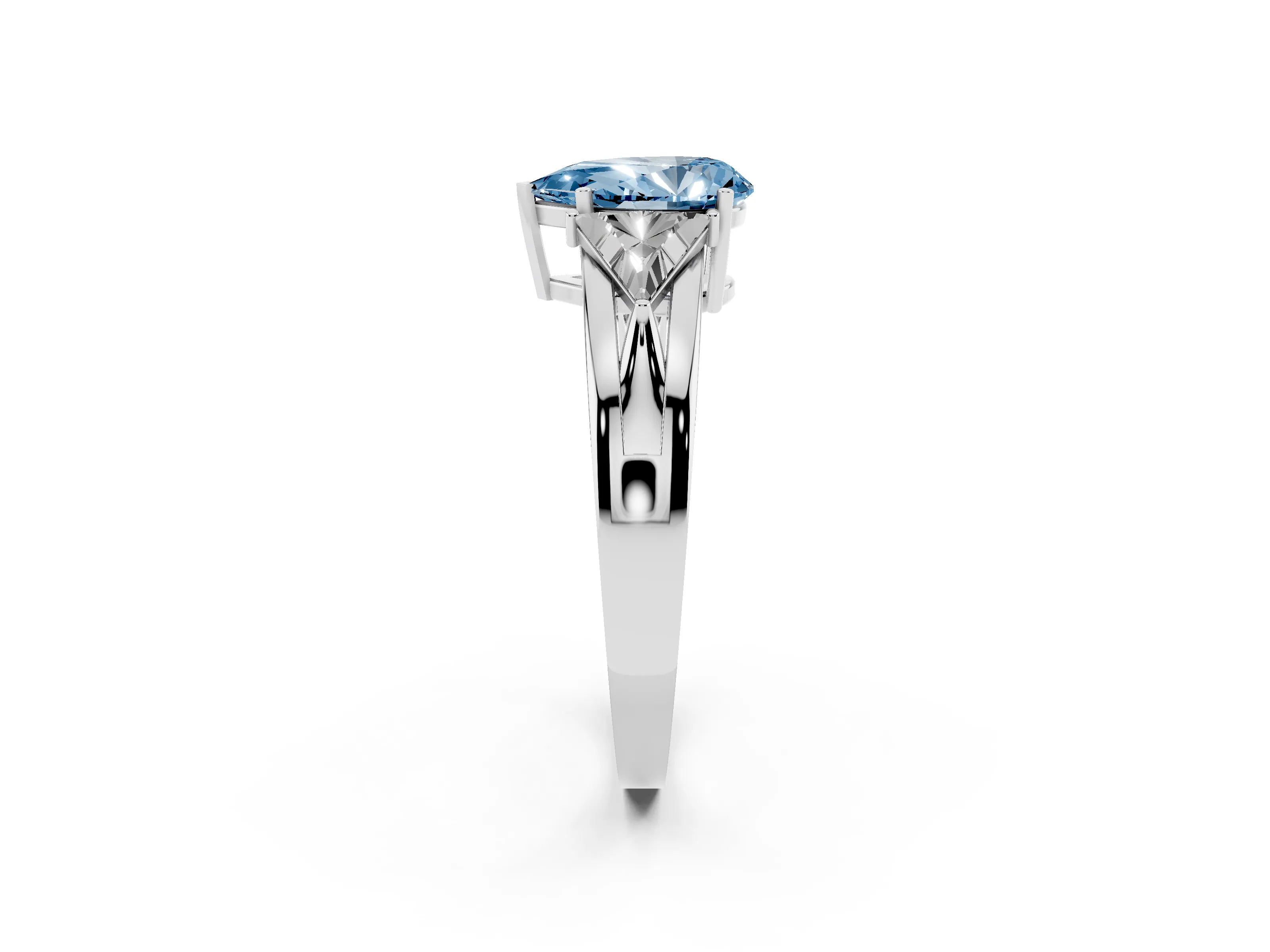 Fancy Blue Pear Cut Diamond Three-Stone Ring Set in Silver with Trillion Side Stones and Split Shank
