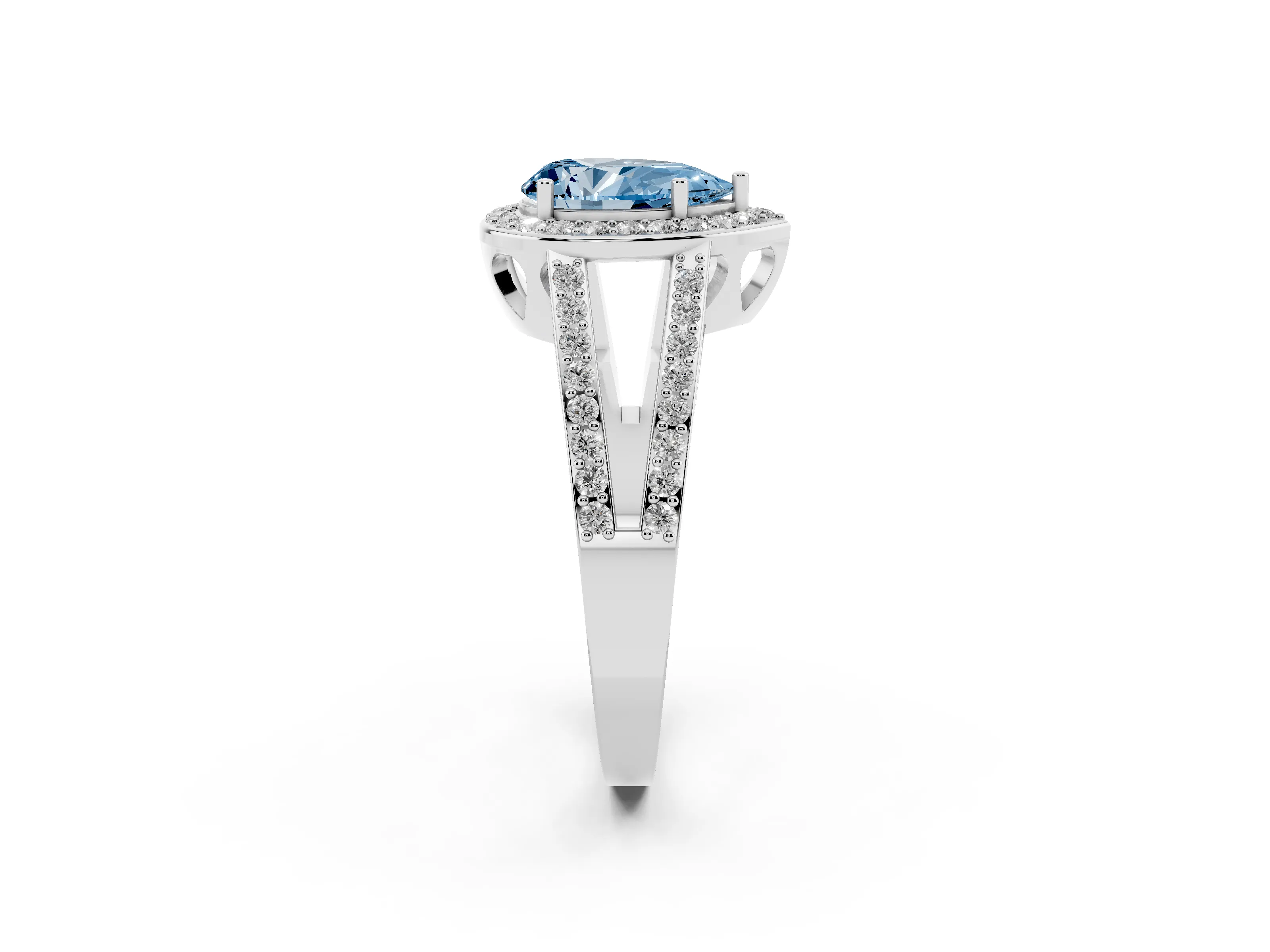 Fancy Blue Pear Cut Diamond Halo Ring Set in White gold with U-Prong Split Shank and Prong Setting