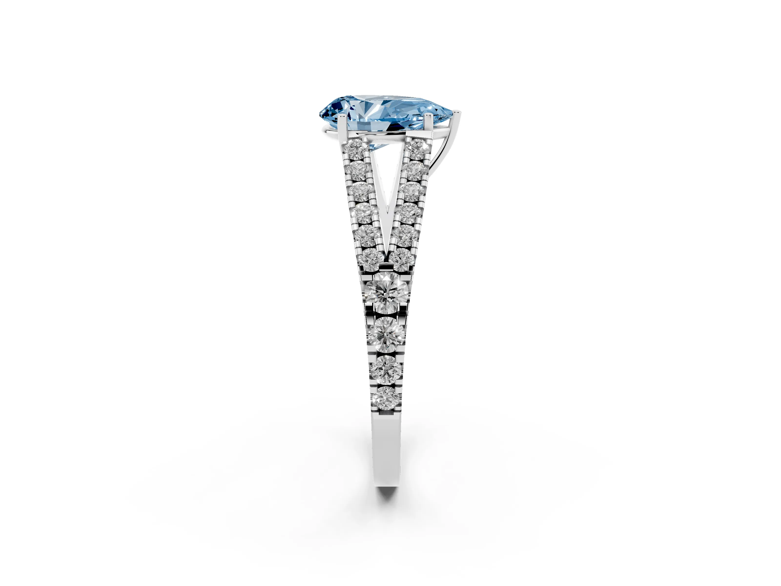 Fancy Blue Pear Cut Diamond Split Shank Pavé Engagement Ring Set in Platinum with Prong-Held Center Stone