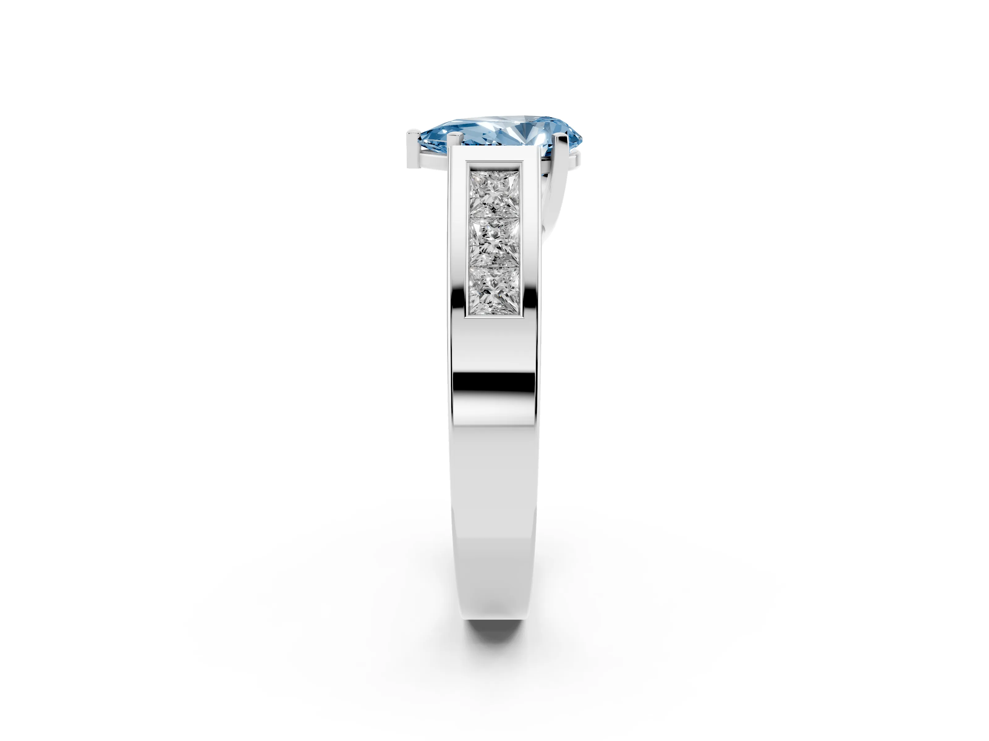 Fancy Blue Pear Cut Diamond Solitaire Ring Set in White gold with Channel-Set Accent Stones and Prong Setting