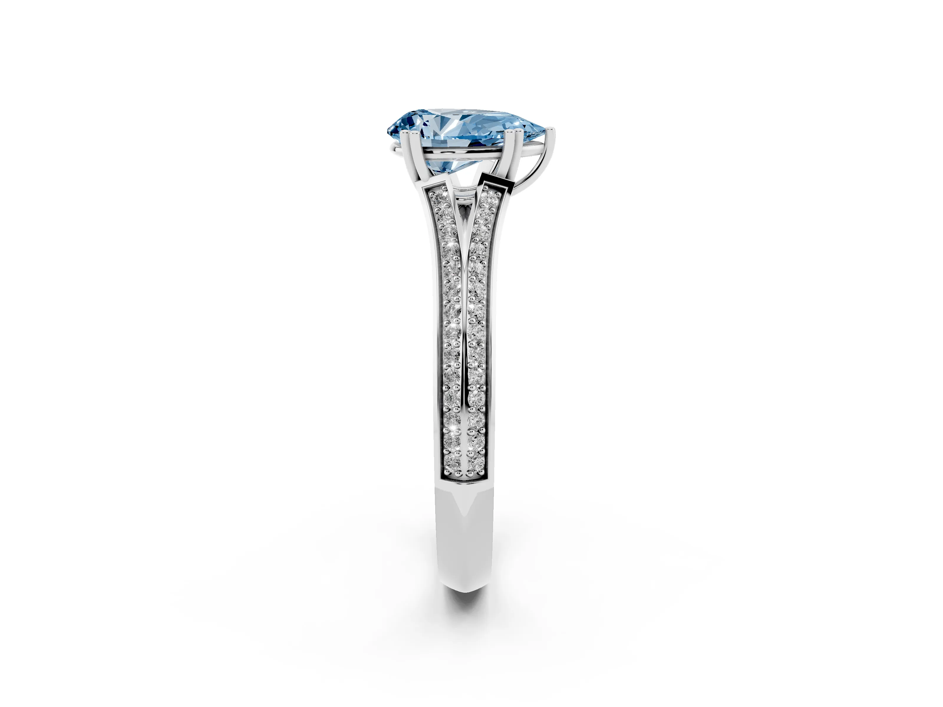 Fancy Blue Pear Cut Diamond Split Shank Pavé Engagement Ring Set in White gold with Prong-Set Center Stone
