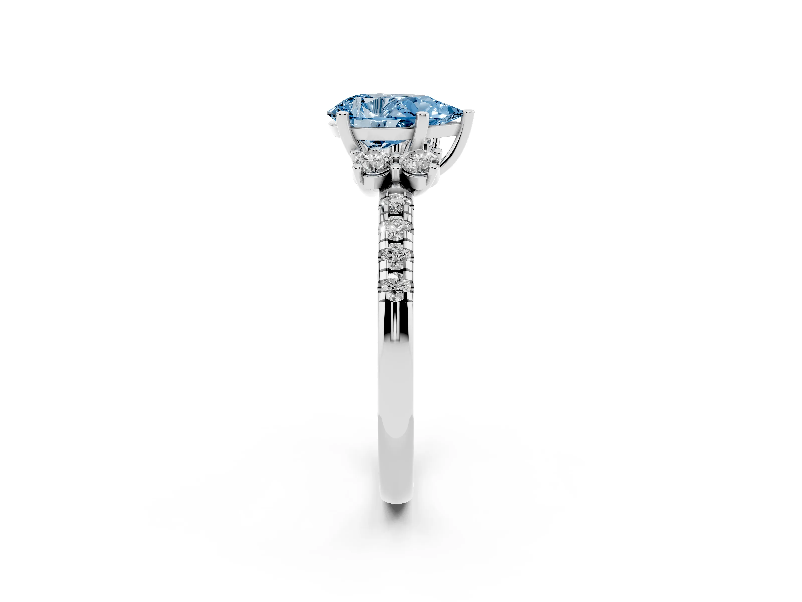 Fancy Blue Pear Cut Diamond Three-Stone Pavé Ring Set in White gold with Prong Setting