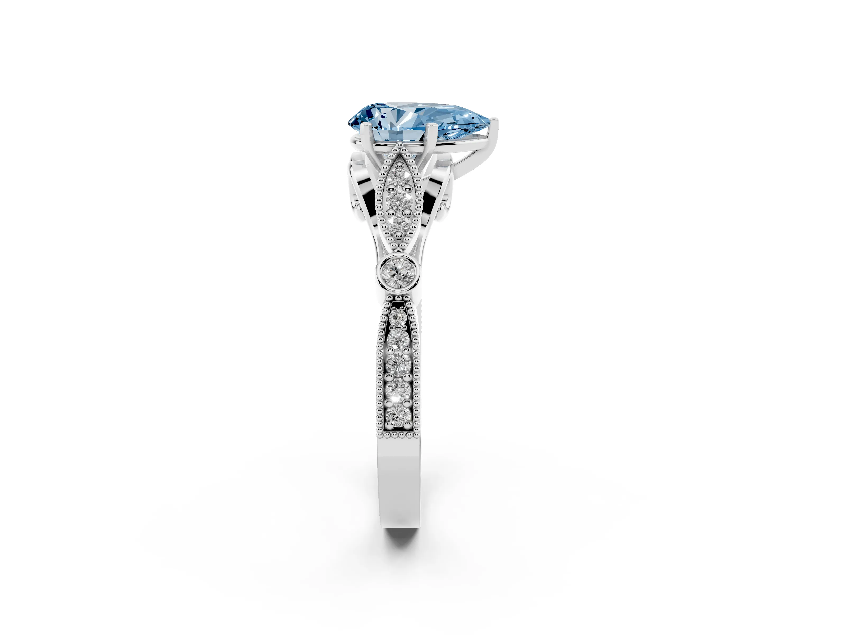 Fancy Blue Pear Cut Diamond Solitaire Ring Set in White gold with Milgrain Marquise and Bezel Accents
