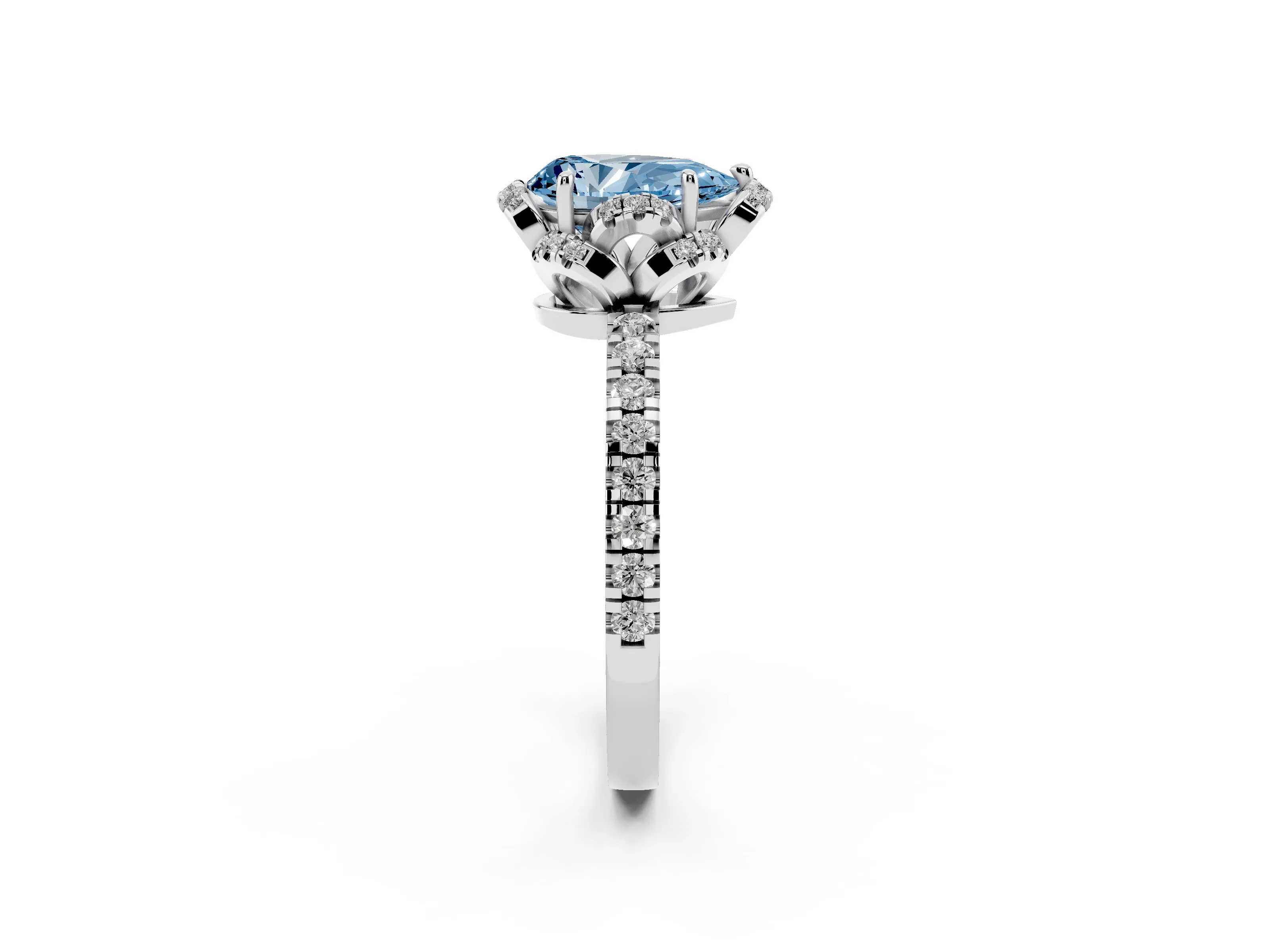 Fancy Blue Pear Cut Diamond Halo Pavé Band Ring Set in Silver with Prong-Held Center