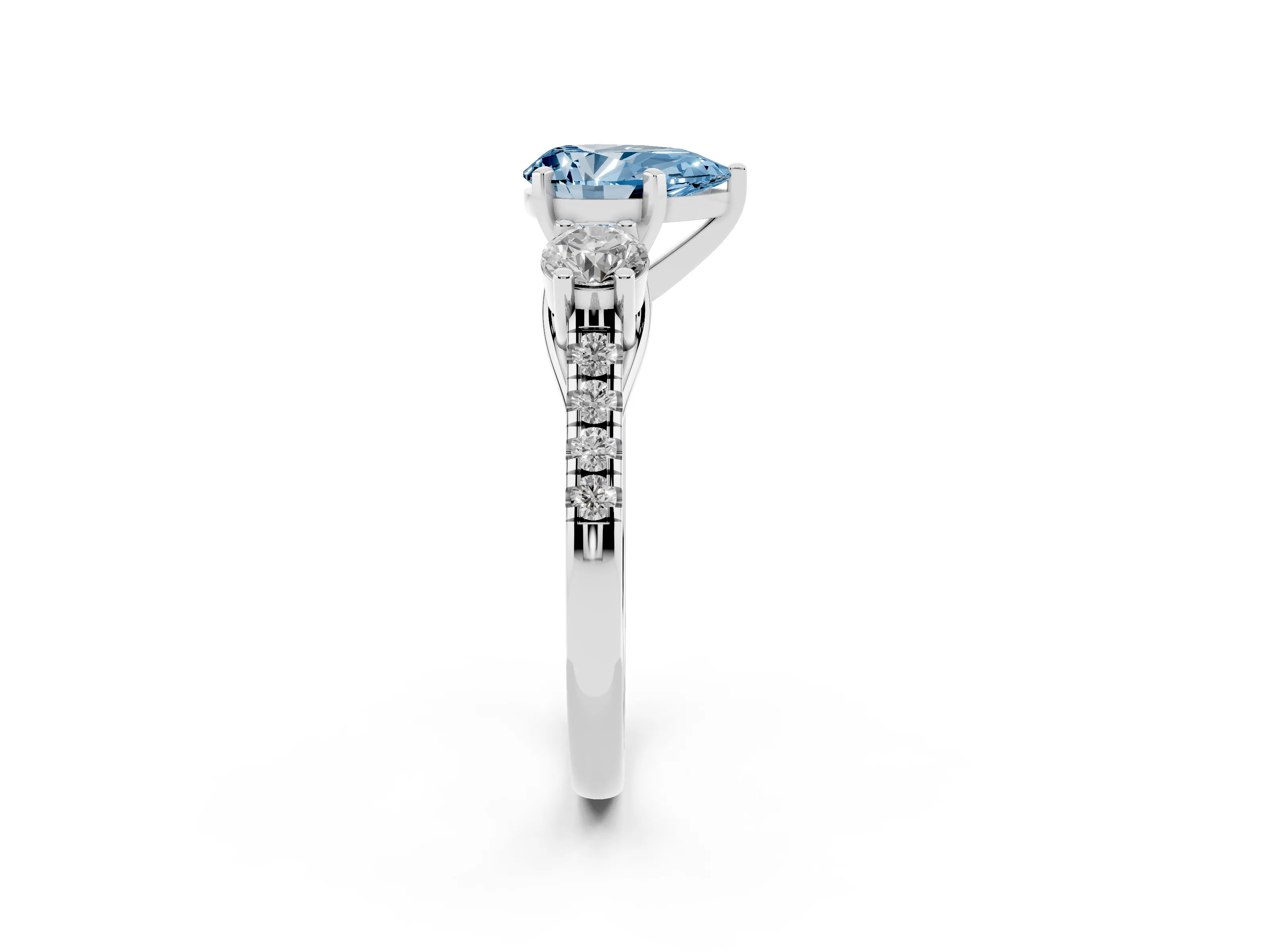 Fancy Blue Three-Stone Pear Cut Diamond Pavé Band Ring Set in Platinum with Prong-Set Trio
