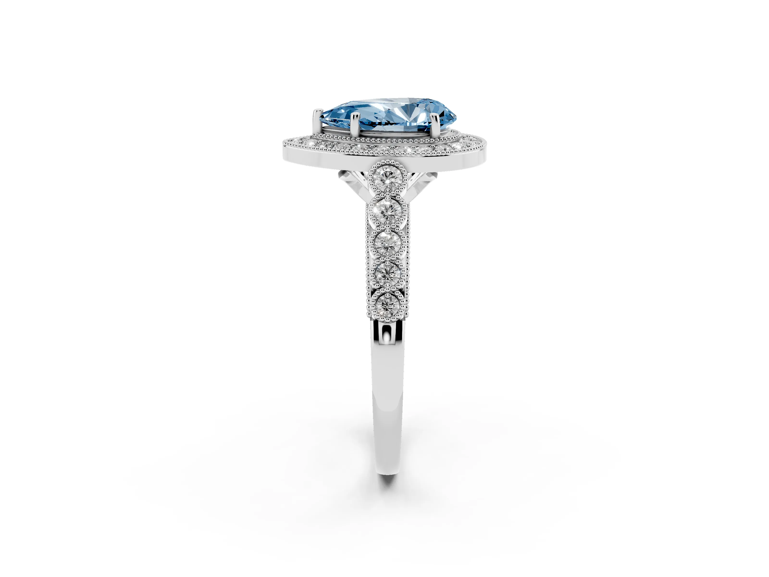 Fancy Blue Pear Cut Diamond Milgrain Halo Solitaire Ring Set in White gold with Bezel Set Side Stones and Pavé Band