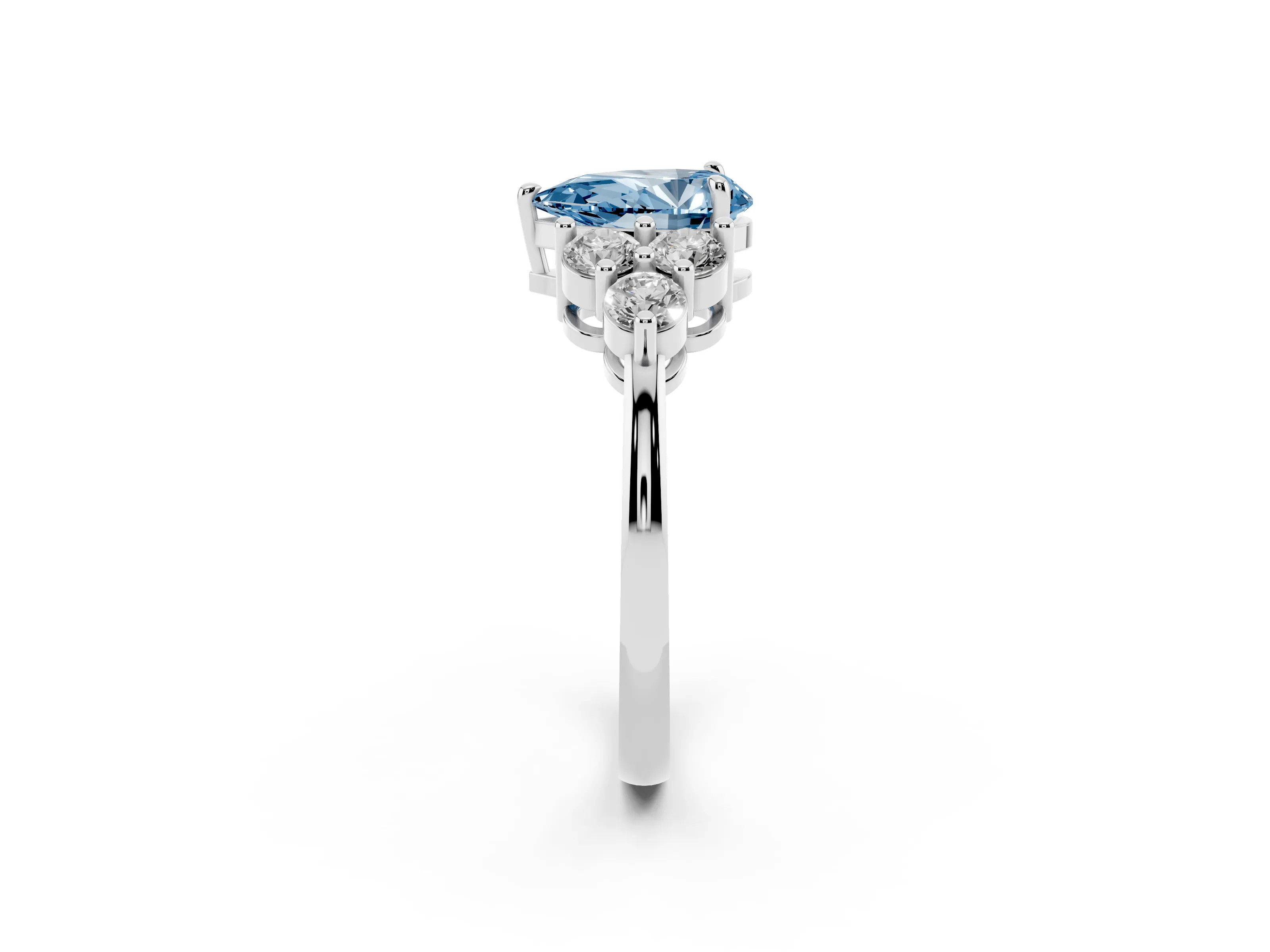 Fancy Blue Pear Cut Diamond Solitaire Ring Set in Silver with Cluster Accents on Each Side