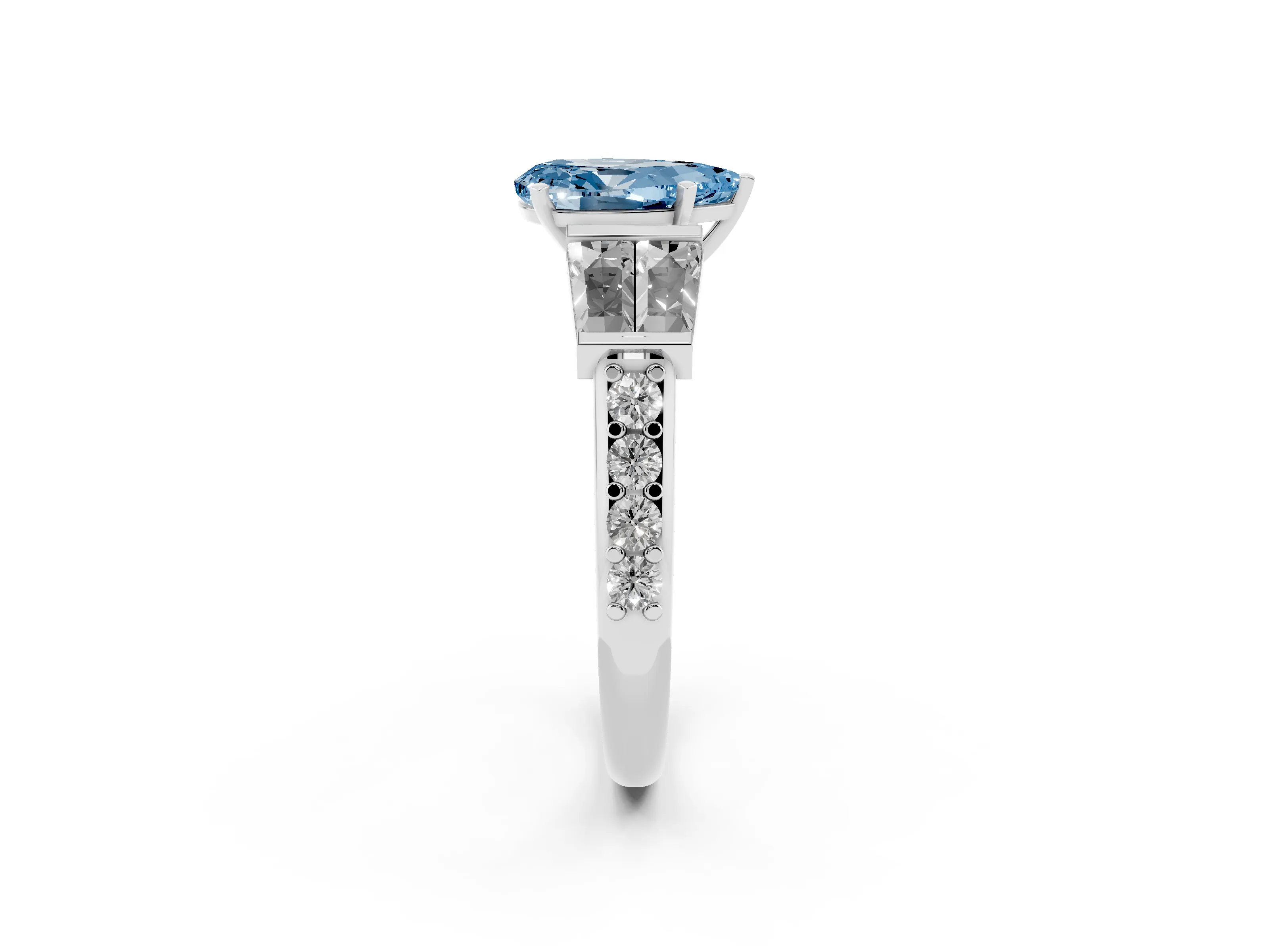 Fancy Blue Pear Cut Diamond Engagement Ring Set in White gold with Baguette Side Stones and Channel Set Band