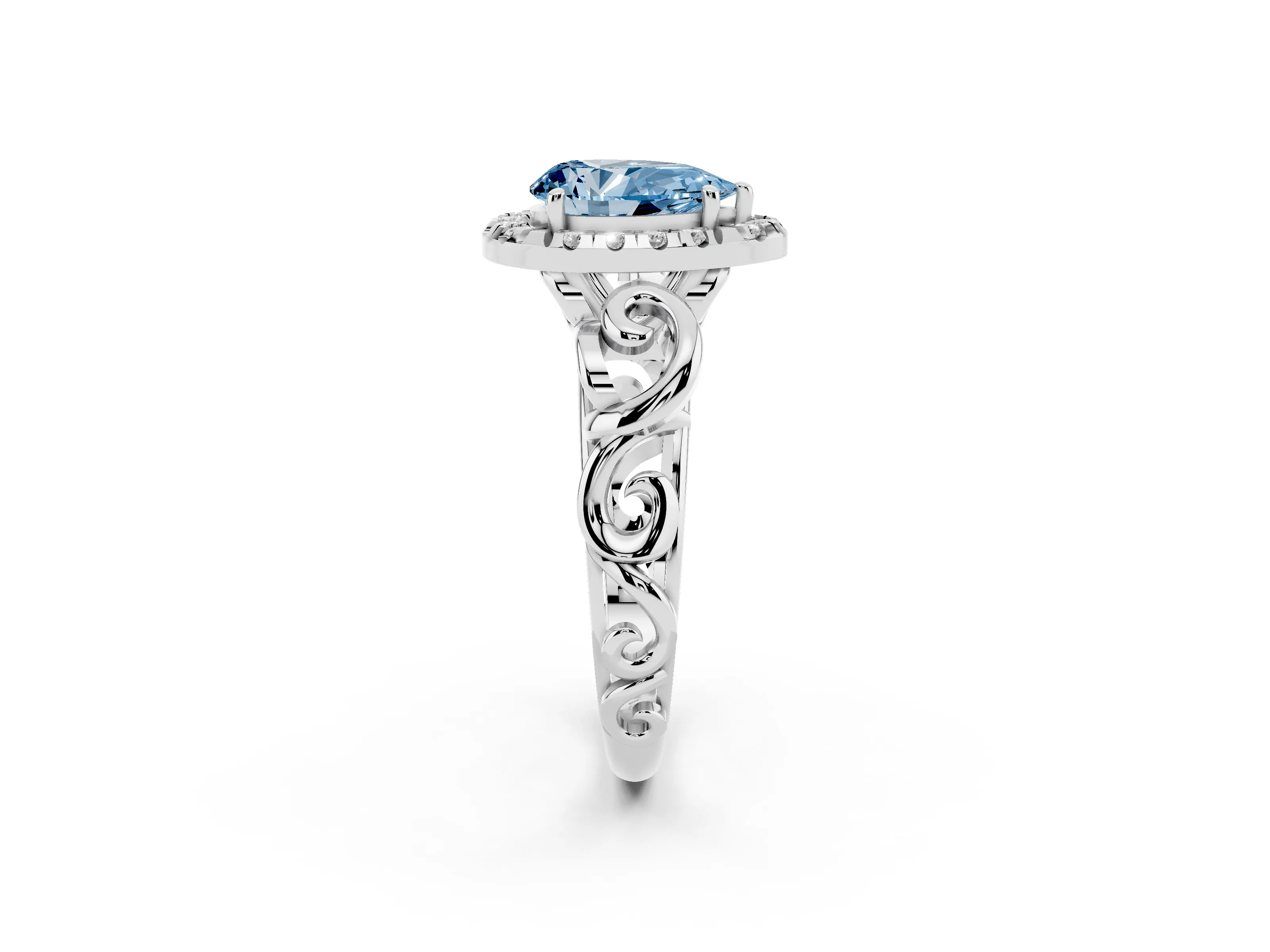 Fancy Blue Pear Cut Diamond Halo Ring Set in Platinum with Scrollwork Band and Prong Setting