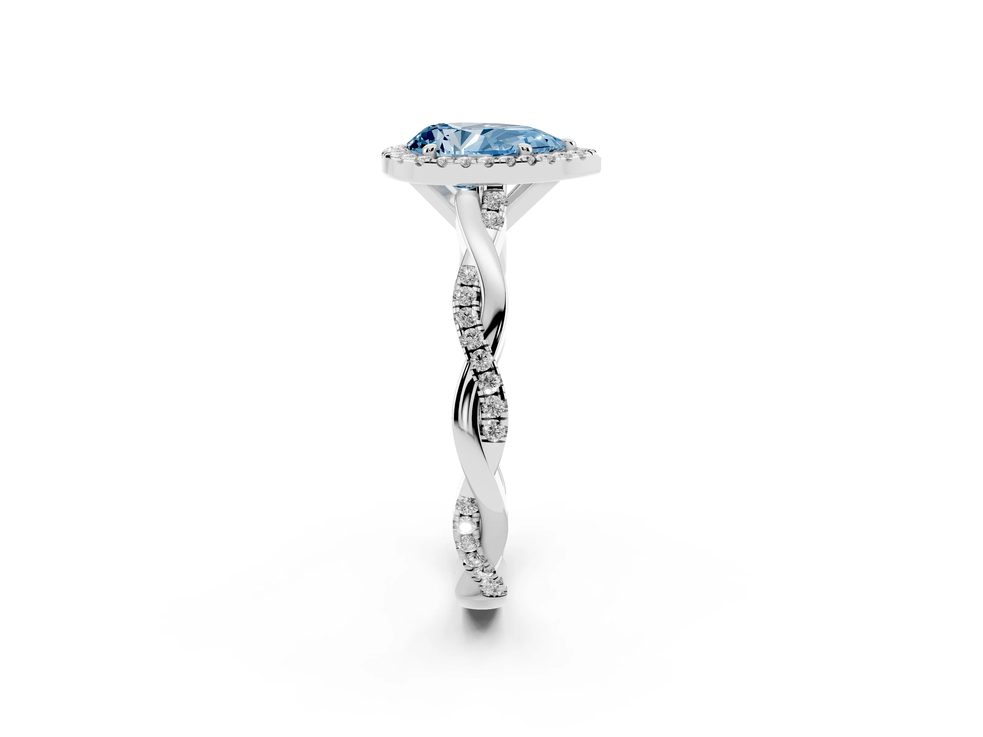 Fancy Blue Pear Cut Diamond Halo Twisted Band Ring Set in Platinum with Prong Setting