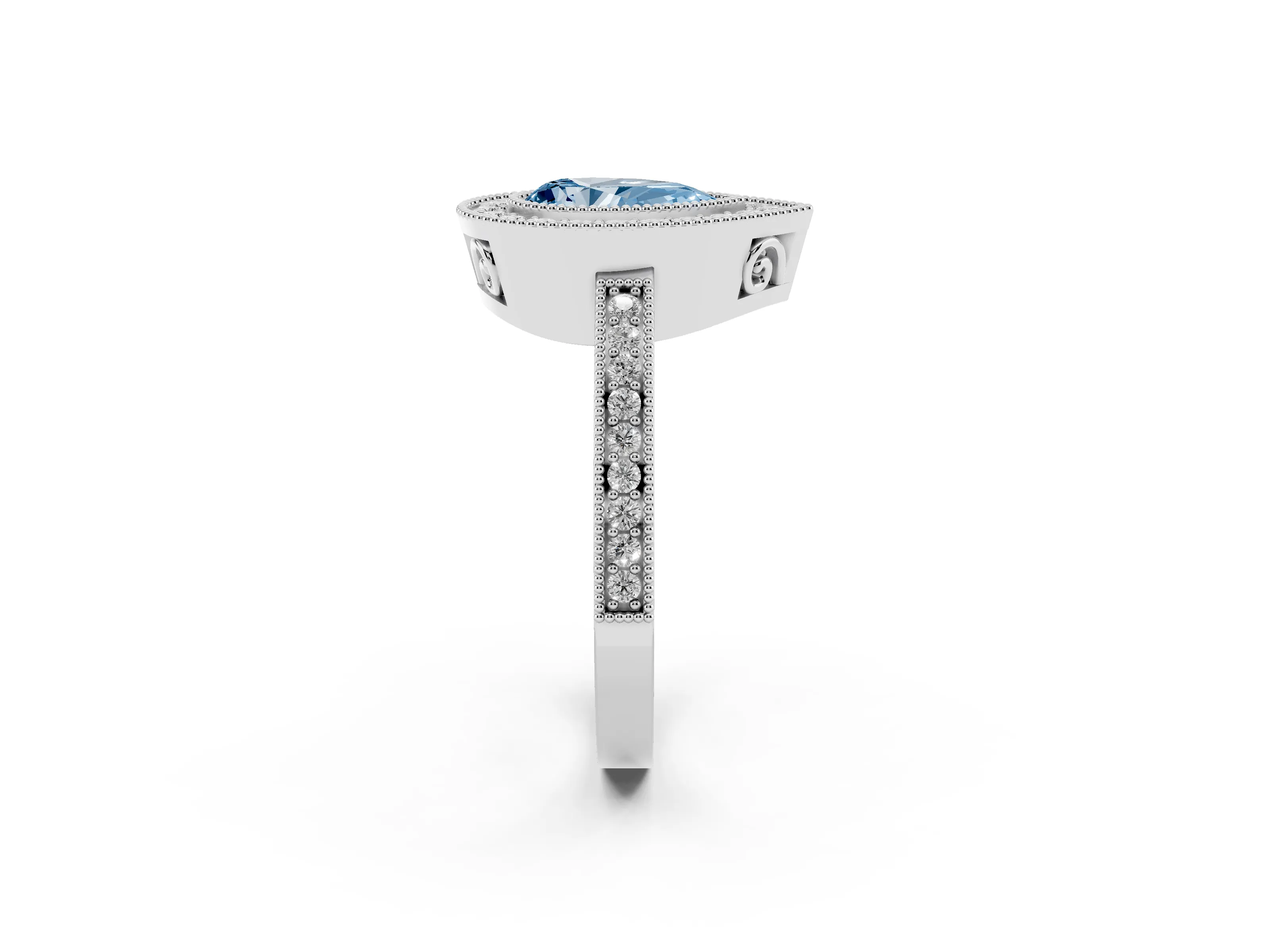 Fancy Blue Pear Cut Diamond Round Halo Ring Set in White gold with Pavé Band