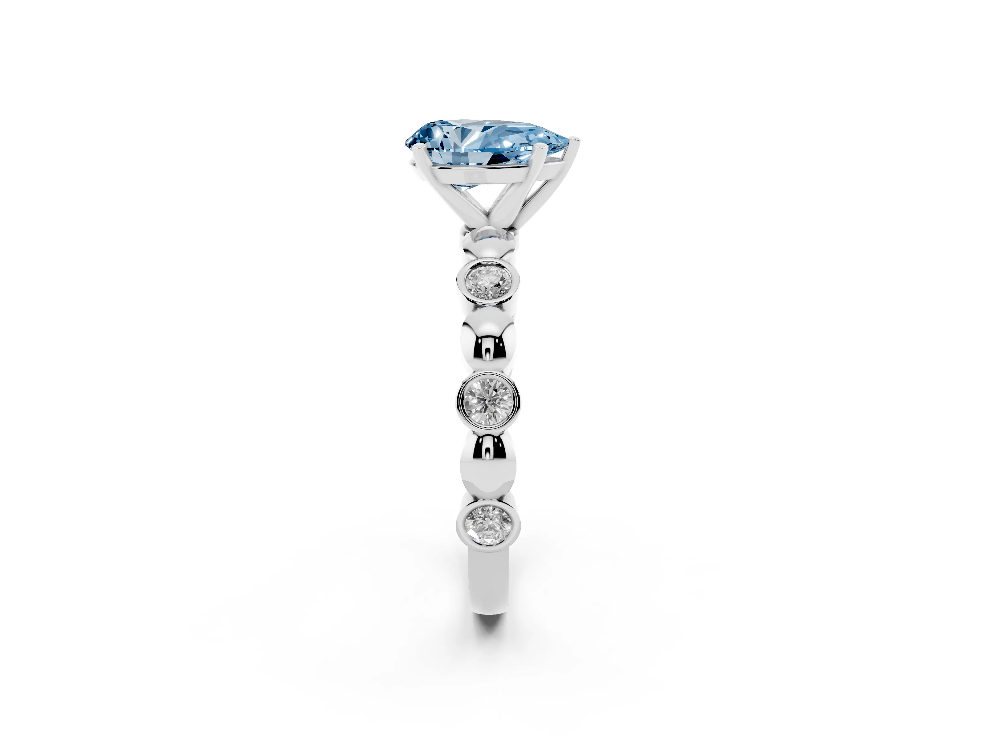 Fancy Blue Pear Cut Diamond Solitaire Ring Set in Silver with Bezel-Set Accents on Beaded Band and Prong Setting