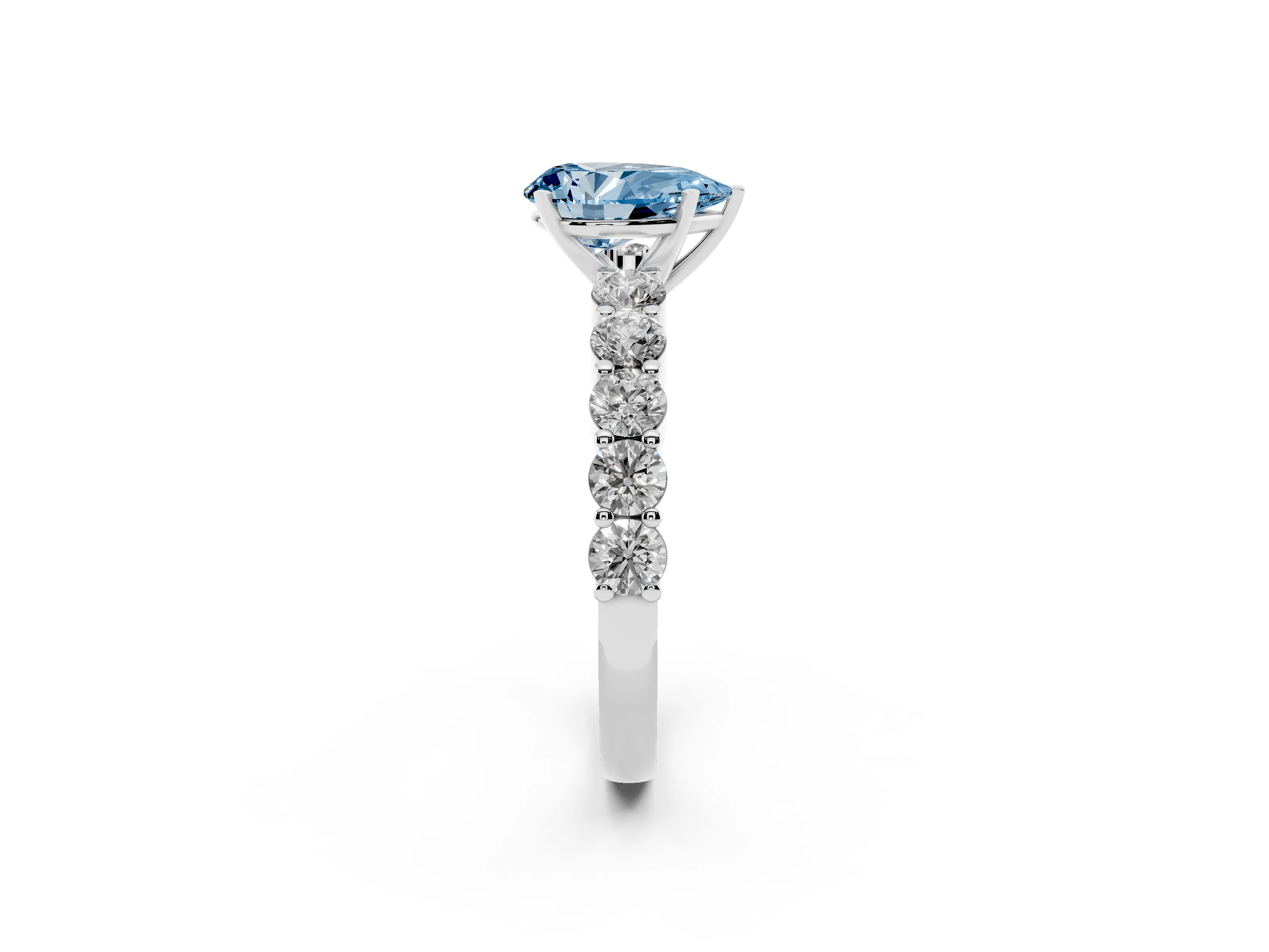 Fancy Blue Pear Cut Diamond Solitaire Ring Set in Platinum with Shared Prong Round Side Stones