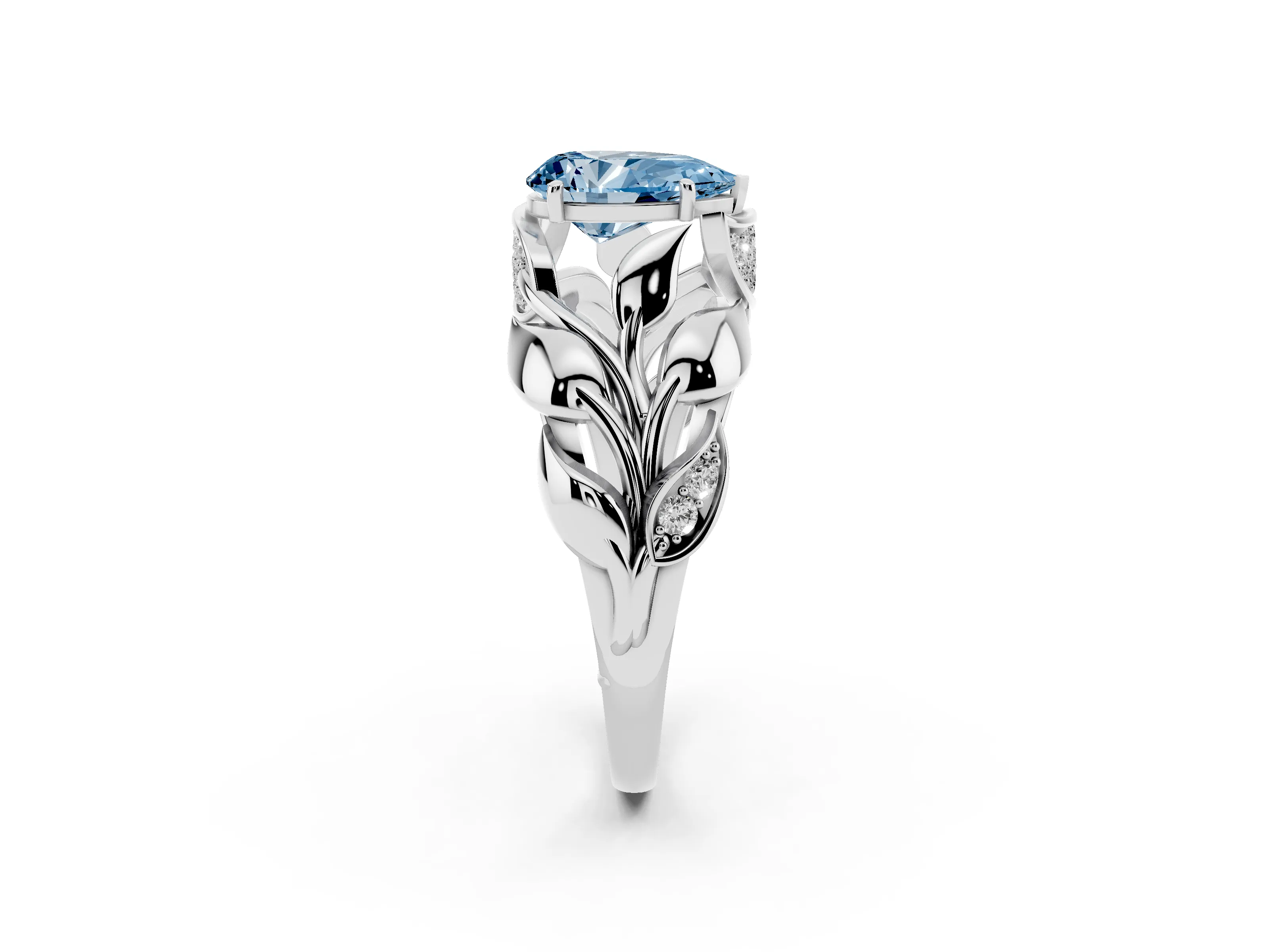 Fancy Blue Pear Cut Diamond Leaf-Inspired Engagement Ring Set in Silver with Round Accents