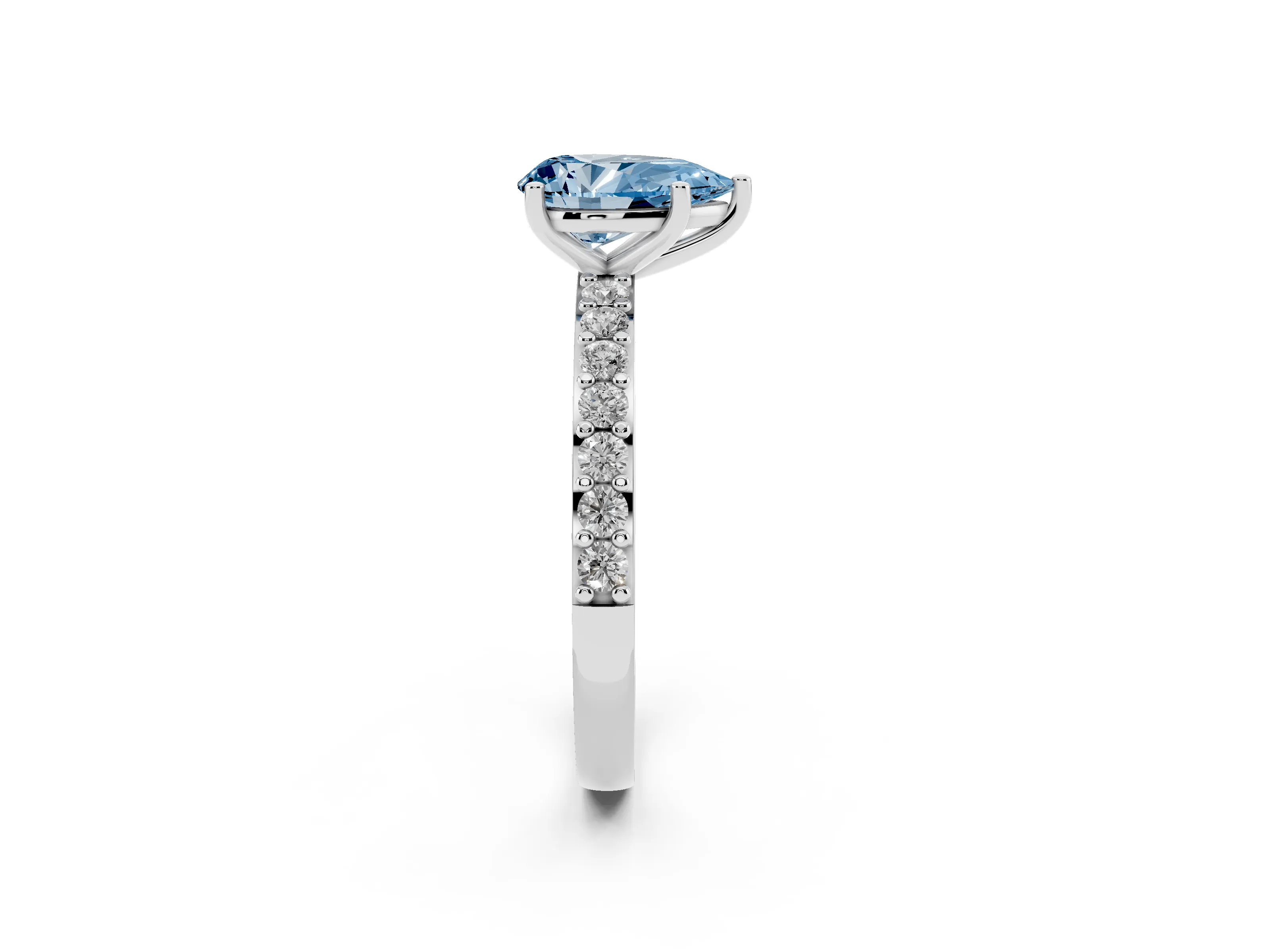 Fancy Blue Pear Cut Diamond Solitaire Set in White gold with Round Pavé Band and Prong Setting
