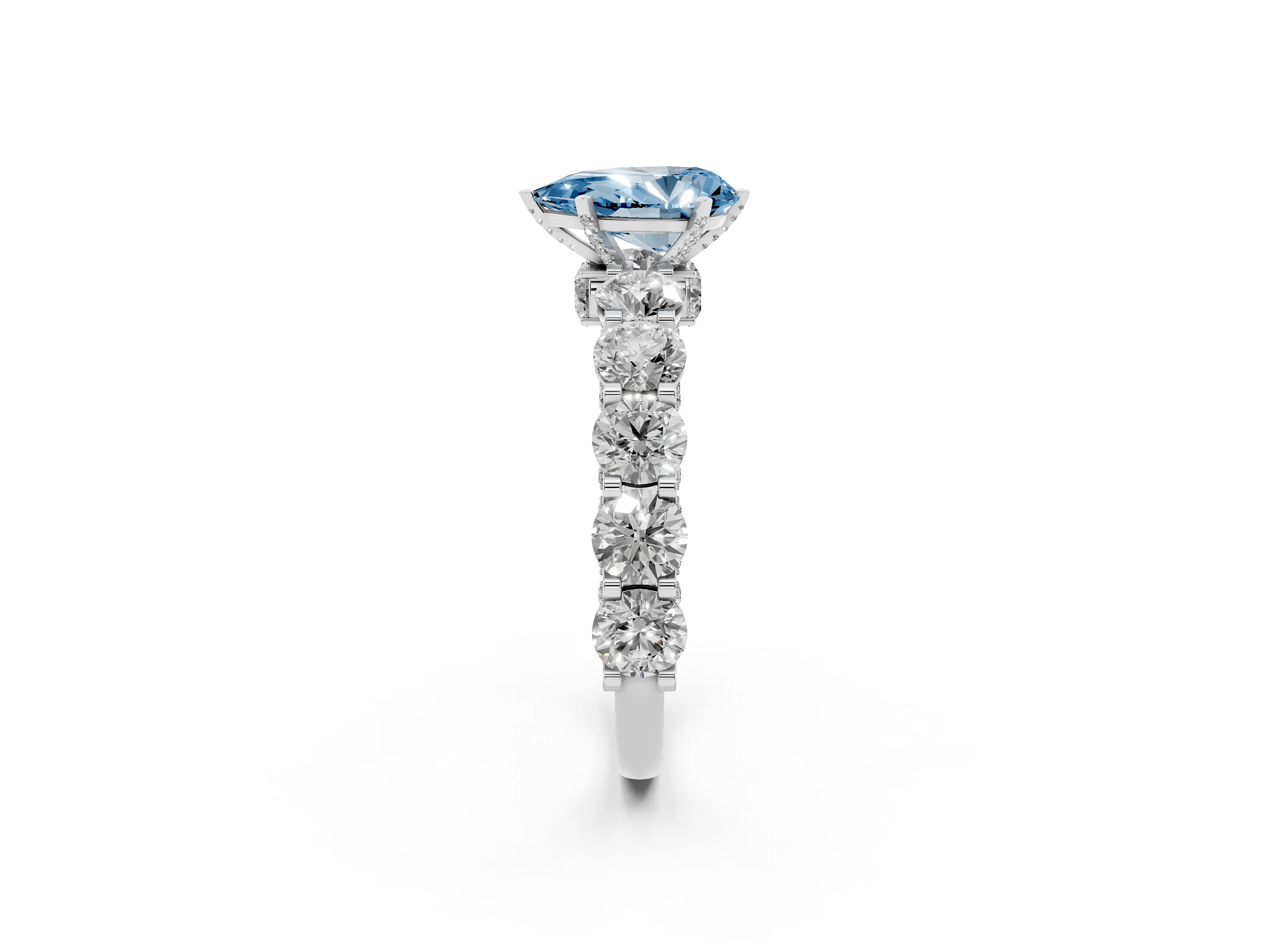 Fancy Blue Pear Cut Diamond Side Stone Ring Set in Platinum with Alternating Round and Oval Side Stones