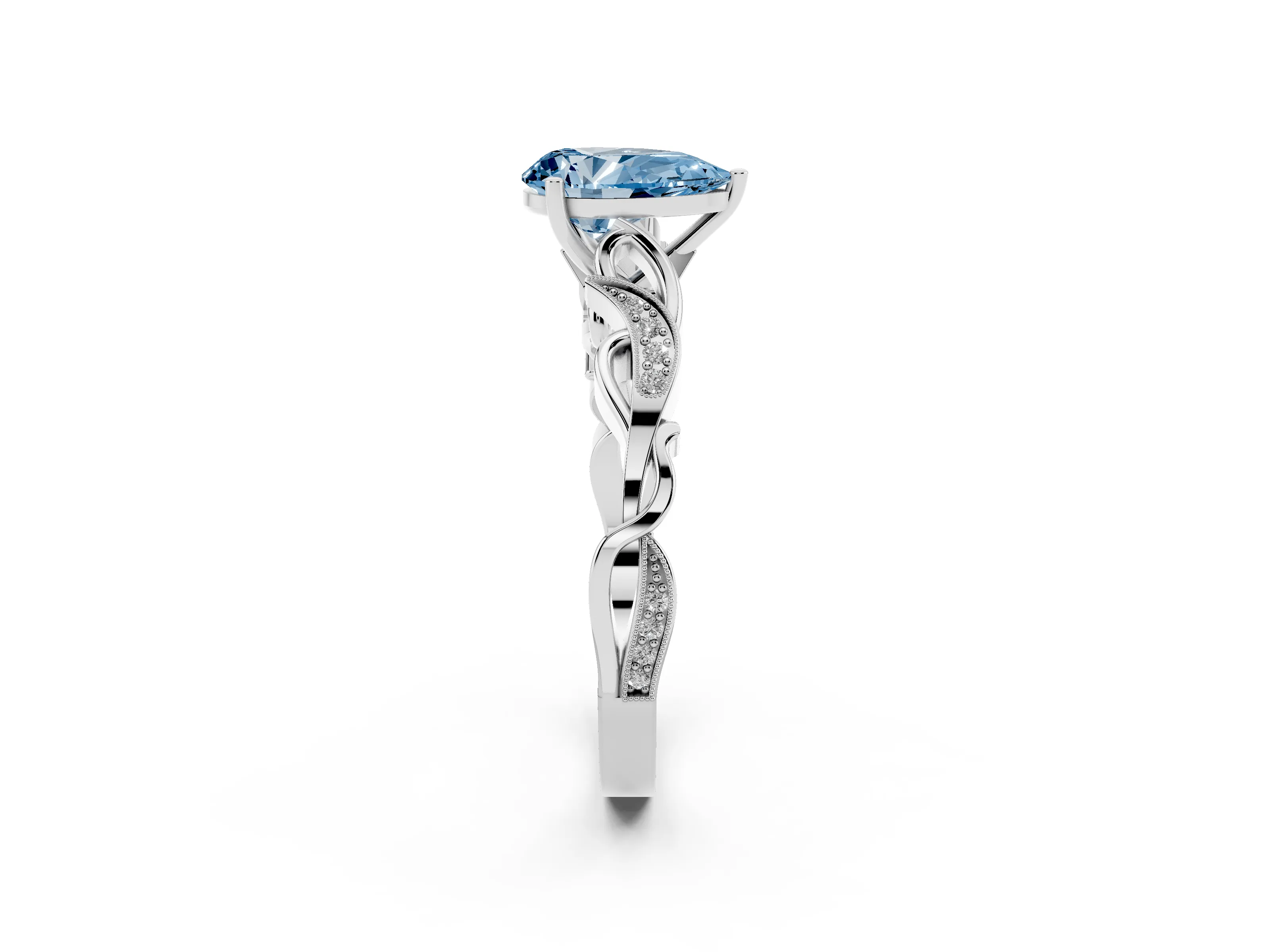 Fancy Blue Pear Cut Diamond Vine Band Solitaire Ring Set in Silver with Milgrain Prong Setting