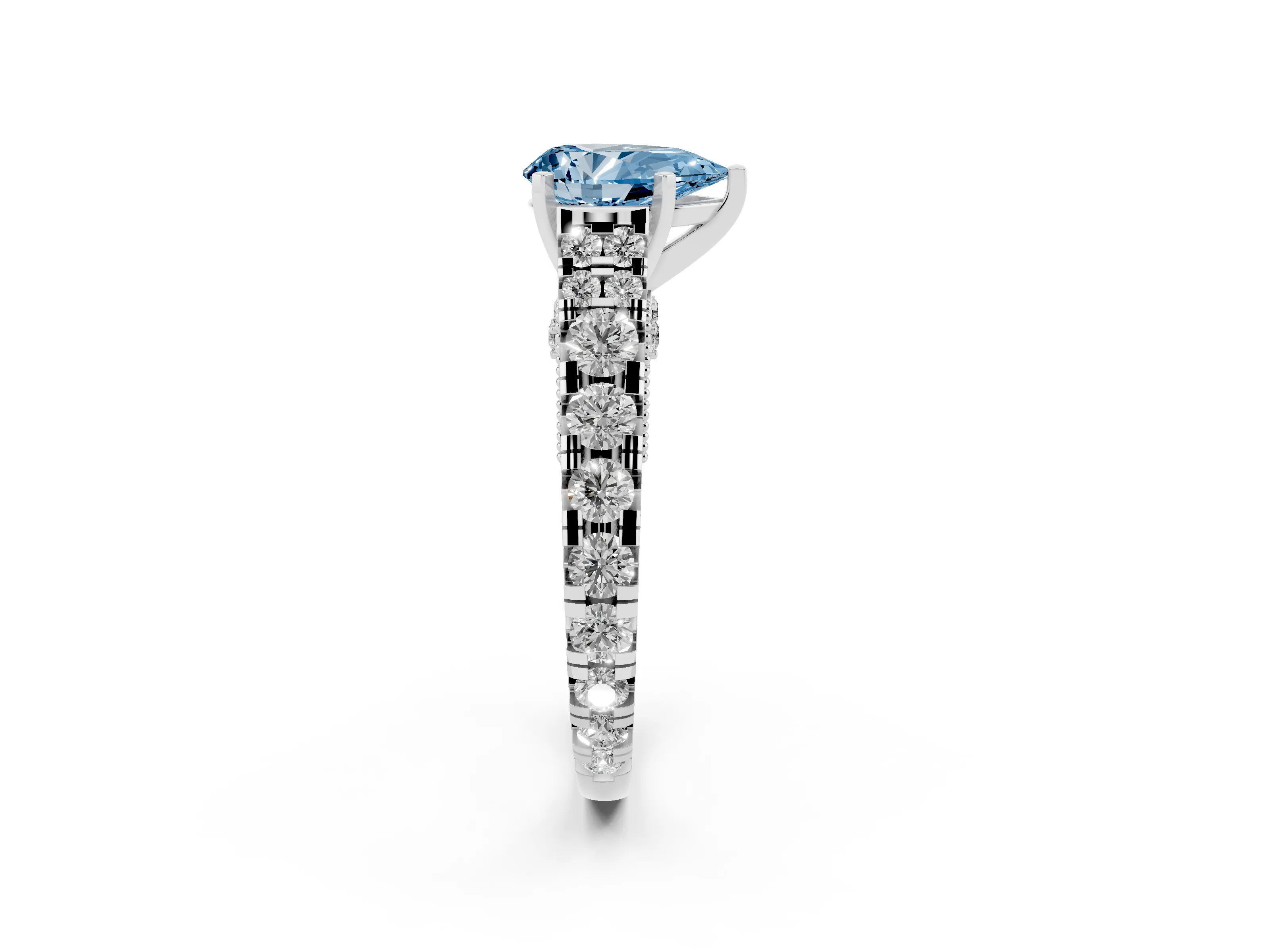Fancy Blue Pear Cut Diamond Classic Solitaire Ring Set in Platinum with Pavé Band and Prong Setting