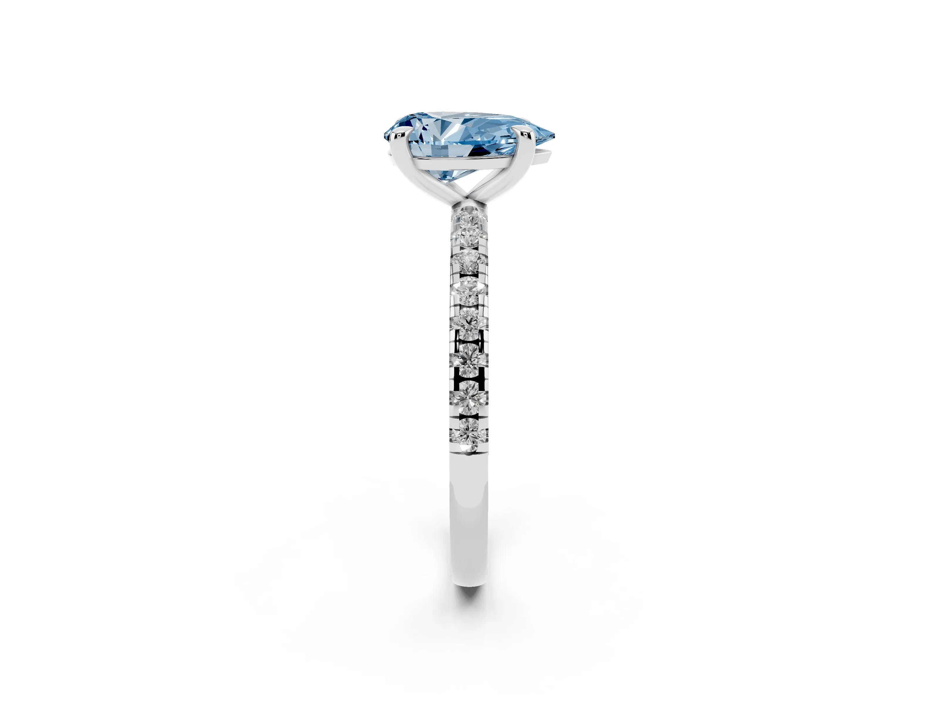 Fancy Blue Pear Cut Diamond Brilliant Solitaire Ring Set in White gold with Pavé Band and Prong Setting