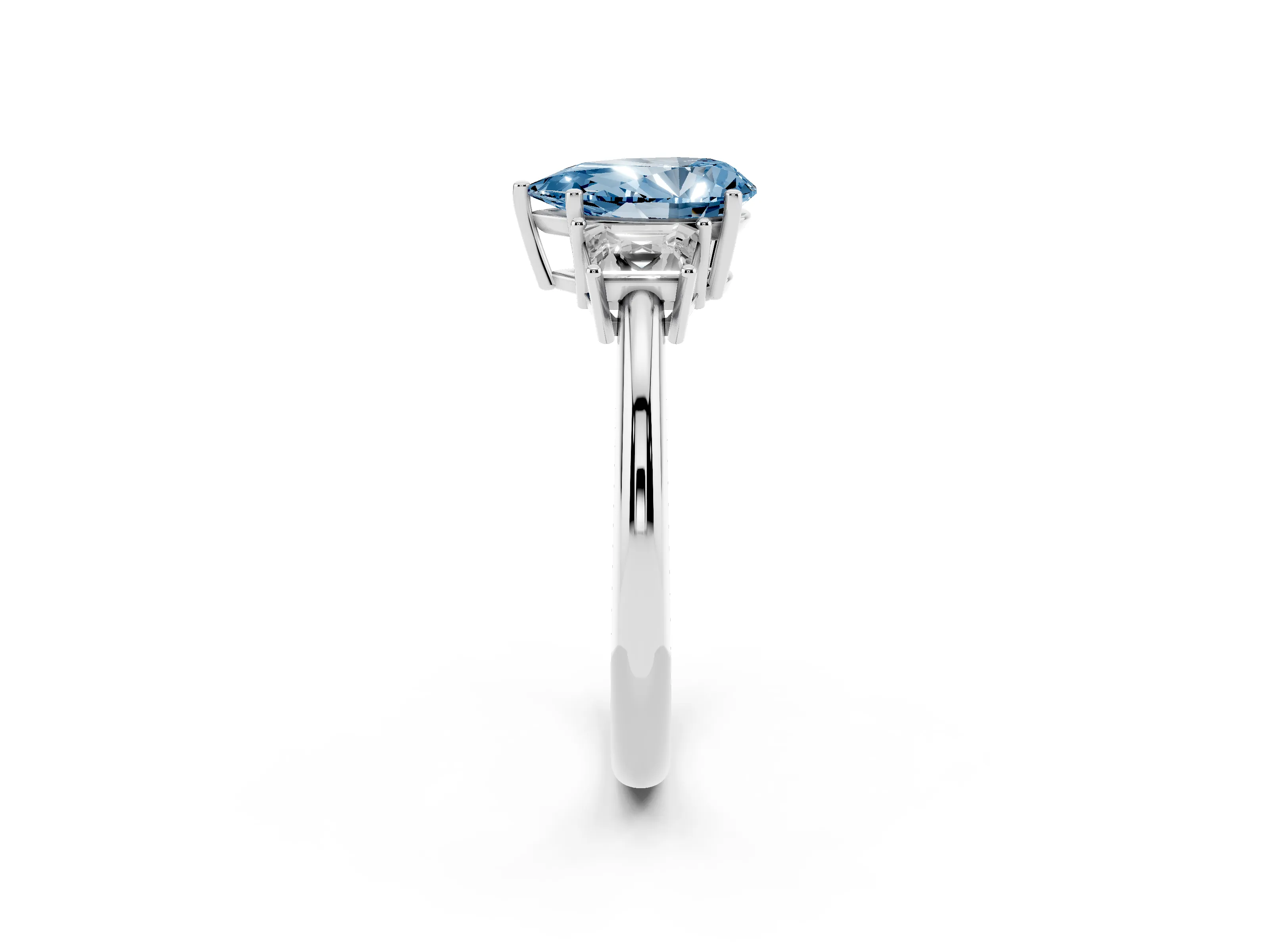Fancy Blue Pear Cut Diamond Three-Stone Ring Set in Silver with Trapezoid Side Stones and Prong Setting