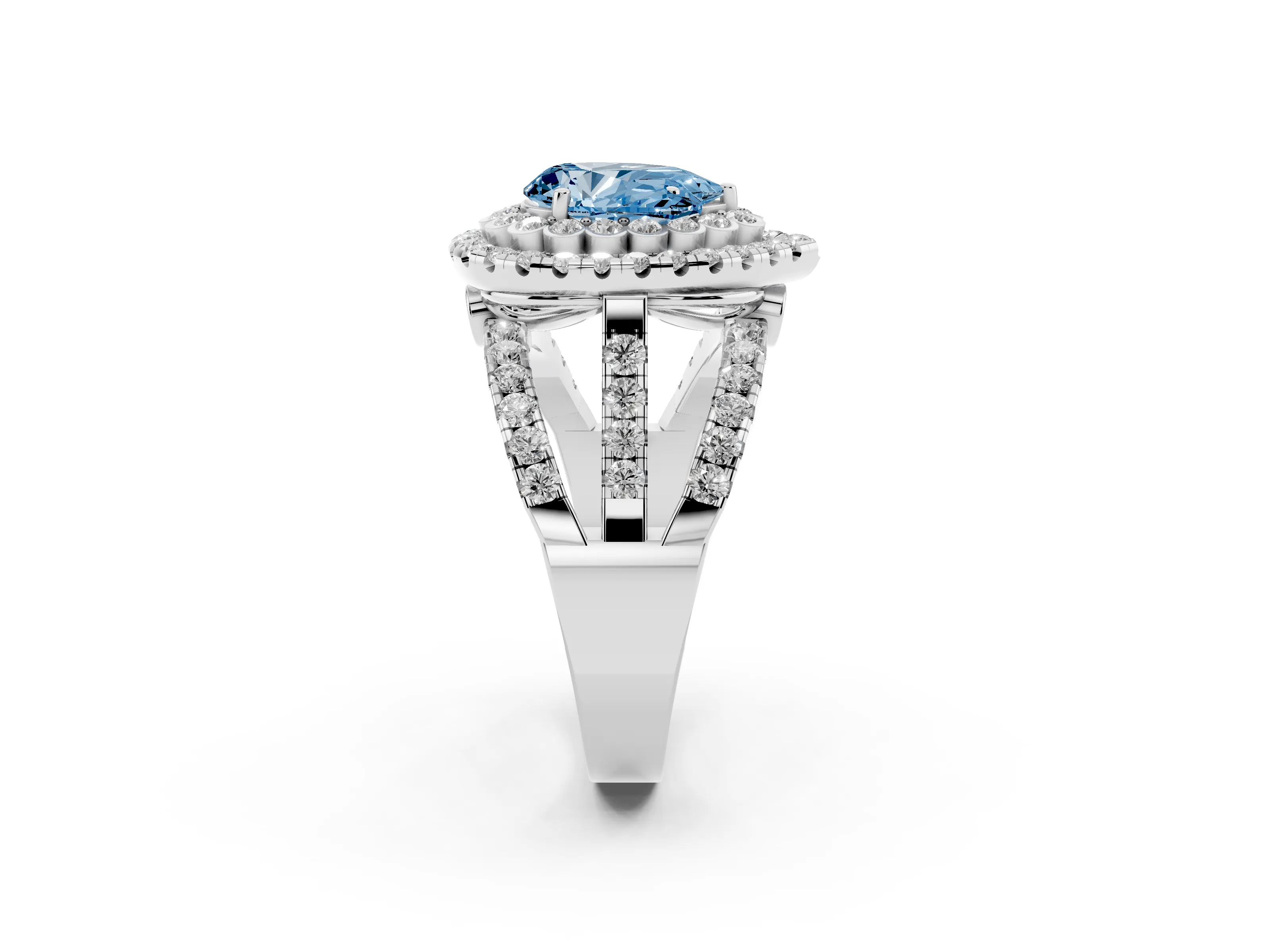 Fancy Blue Pear Cut Diamond Double Halo Ring Set in Platinum with Round Pavé Split Shank