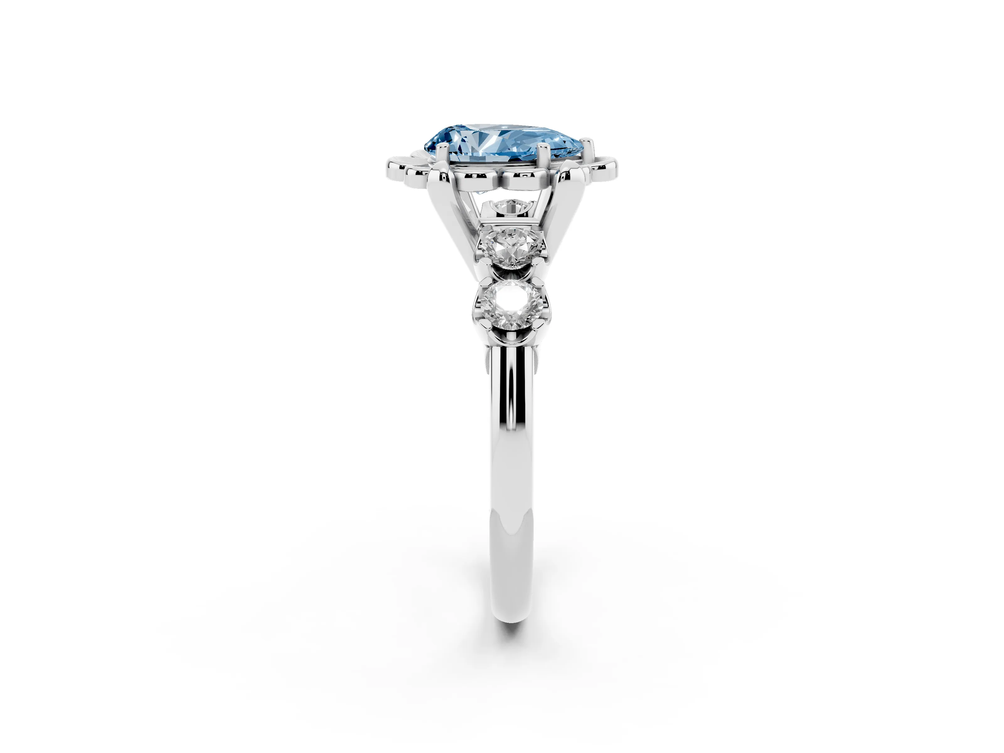 Fancy Blue Pear Cut Diamond Floral Halo Ring Set in Silver with Shared Prong Band