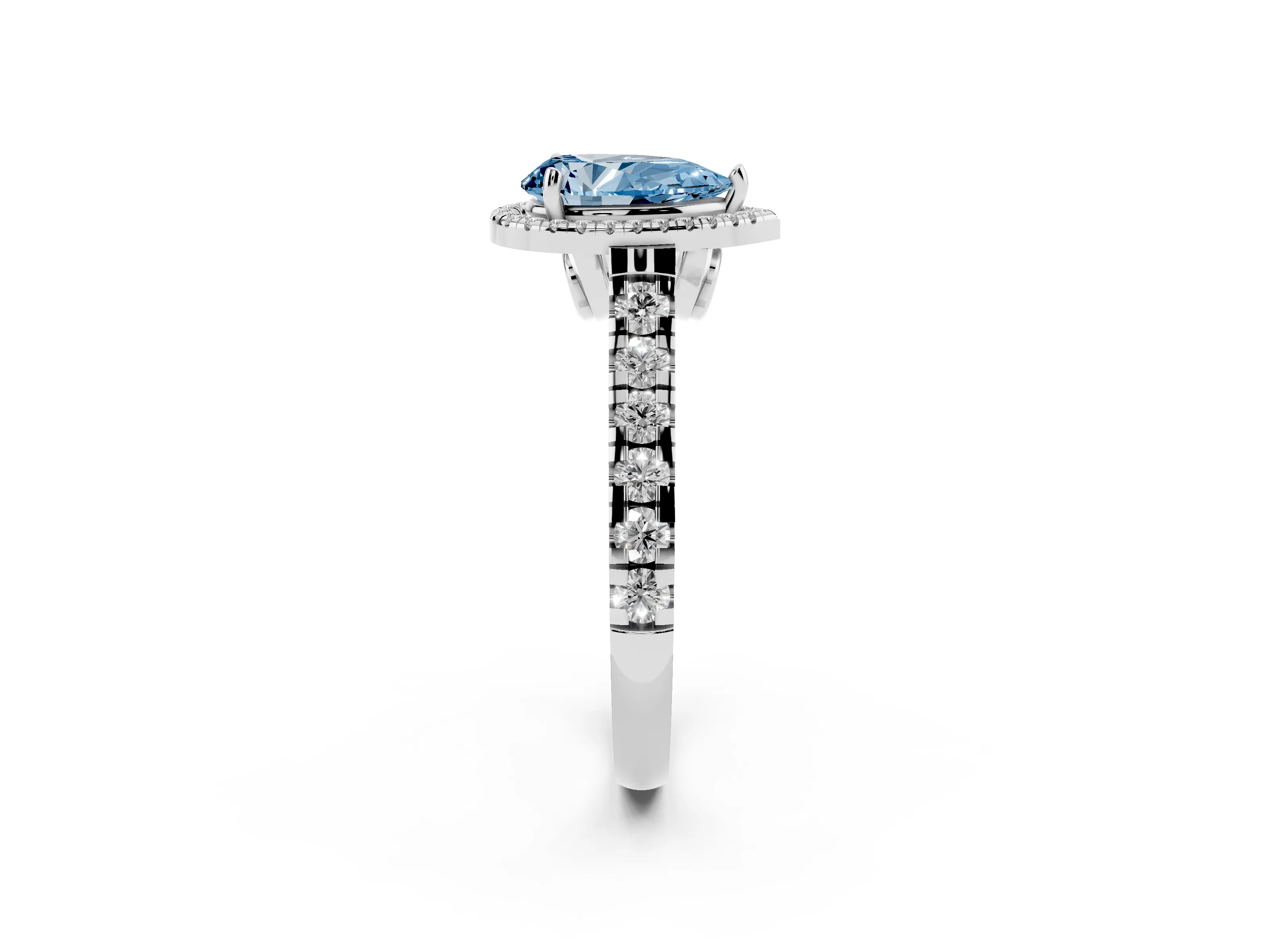 Fancy Blue Pear Cut Diamond Halo Engagement Ring Set in Silver with Pavé Band and Prong-Set Center