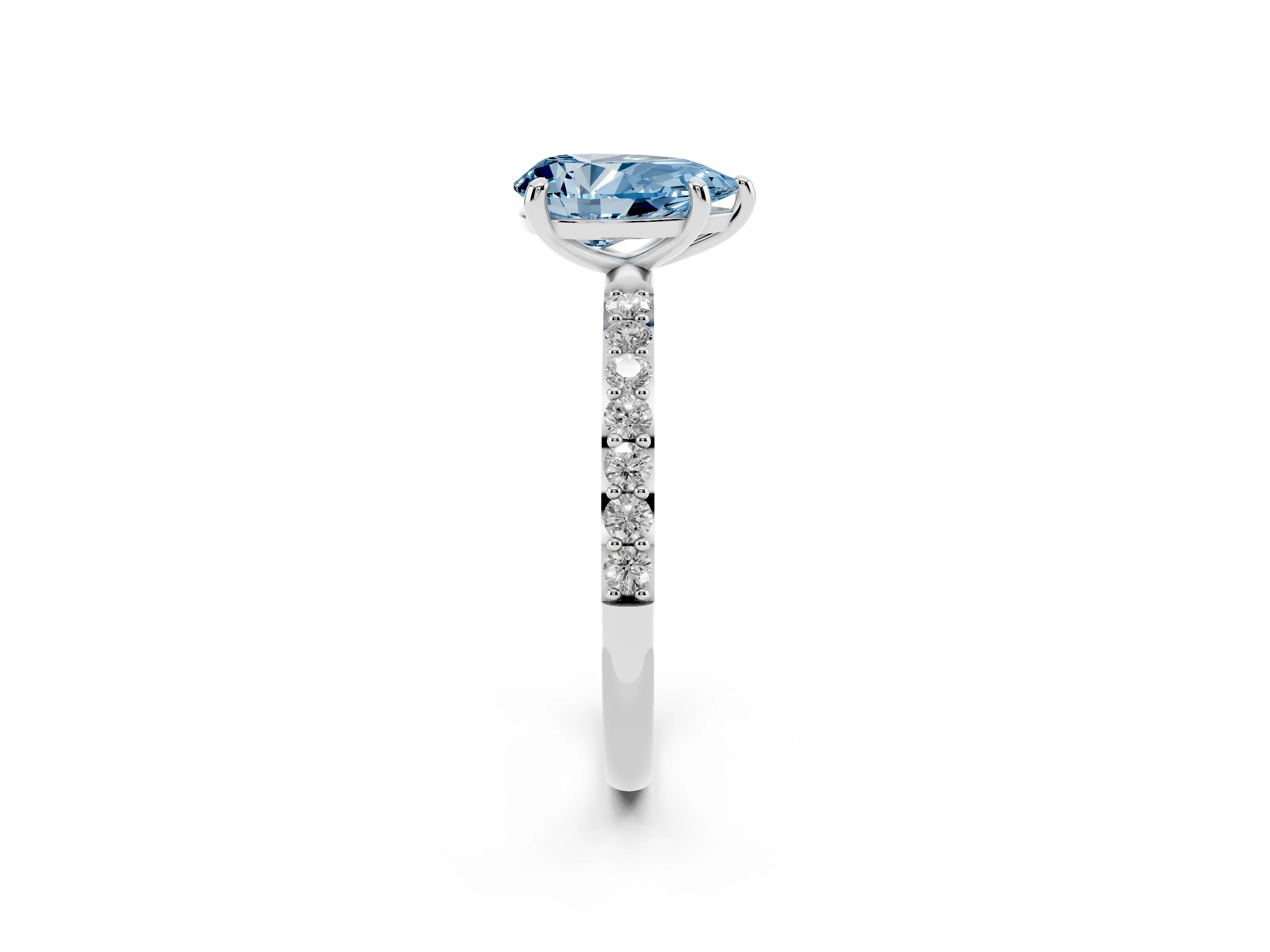 Fancy Blue Pear Cut Diamond Solitaire Ring Set in Platinum with Round Pavé Band and Prong Setting