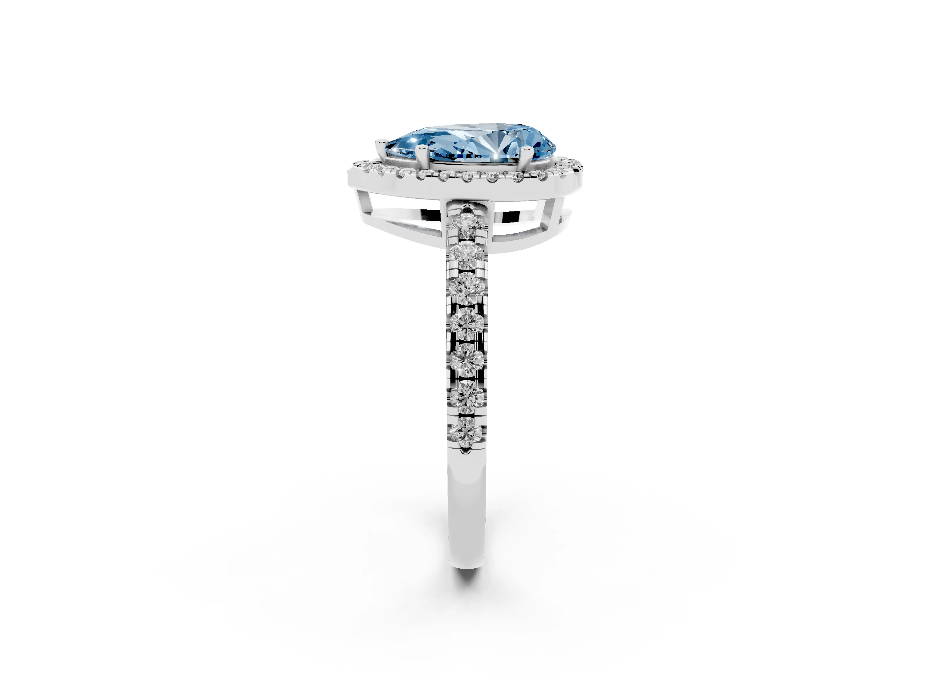Fancy Blue Pear Cut Diamond Halo Ring Set in White gold with Delicate Pavé Band and Prong Setting