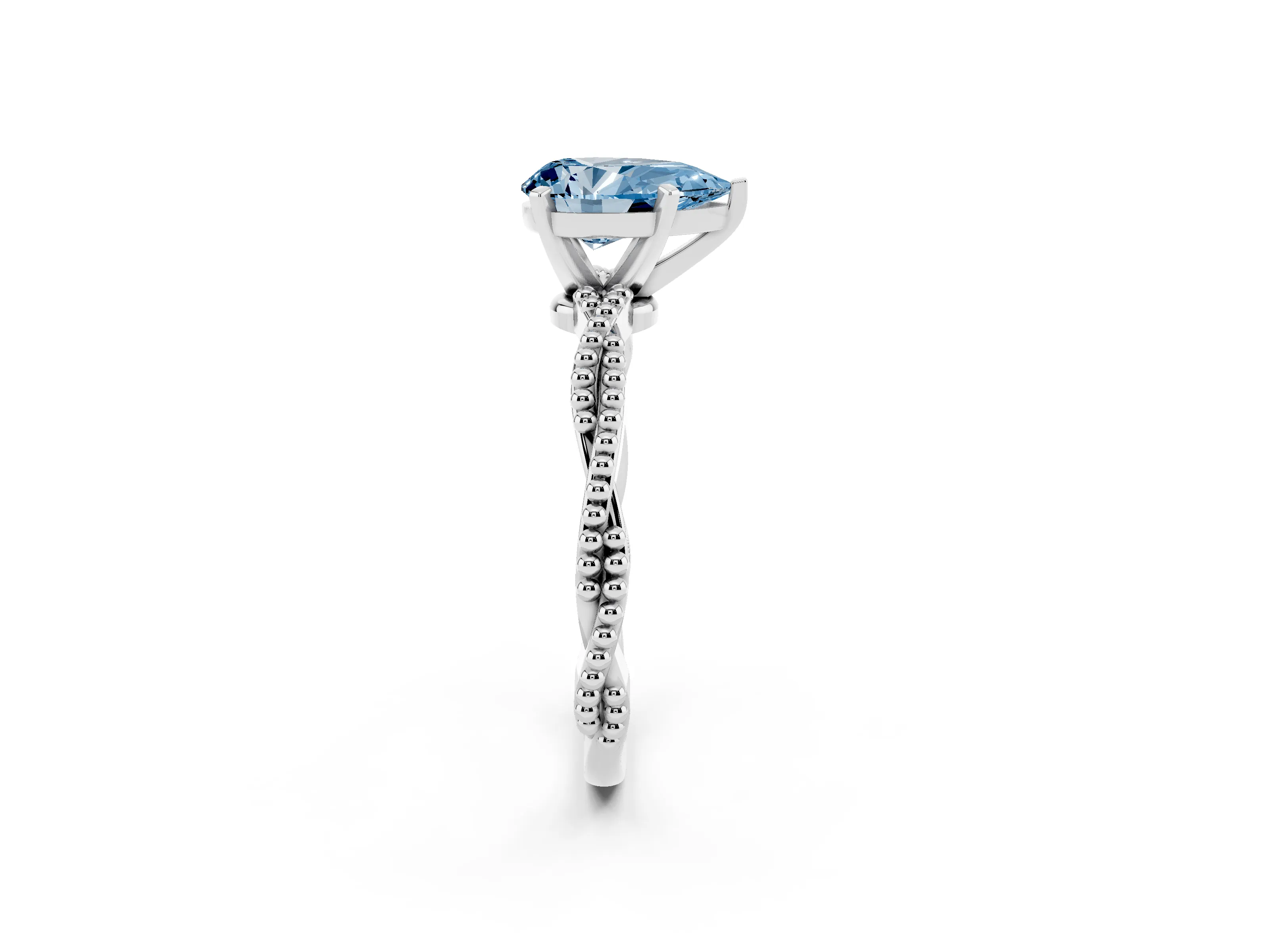 Fancy Blue Pear Cut Diamond Solitaire Ring Set in Platinum with Twisted Band and Bead Prong Setting