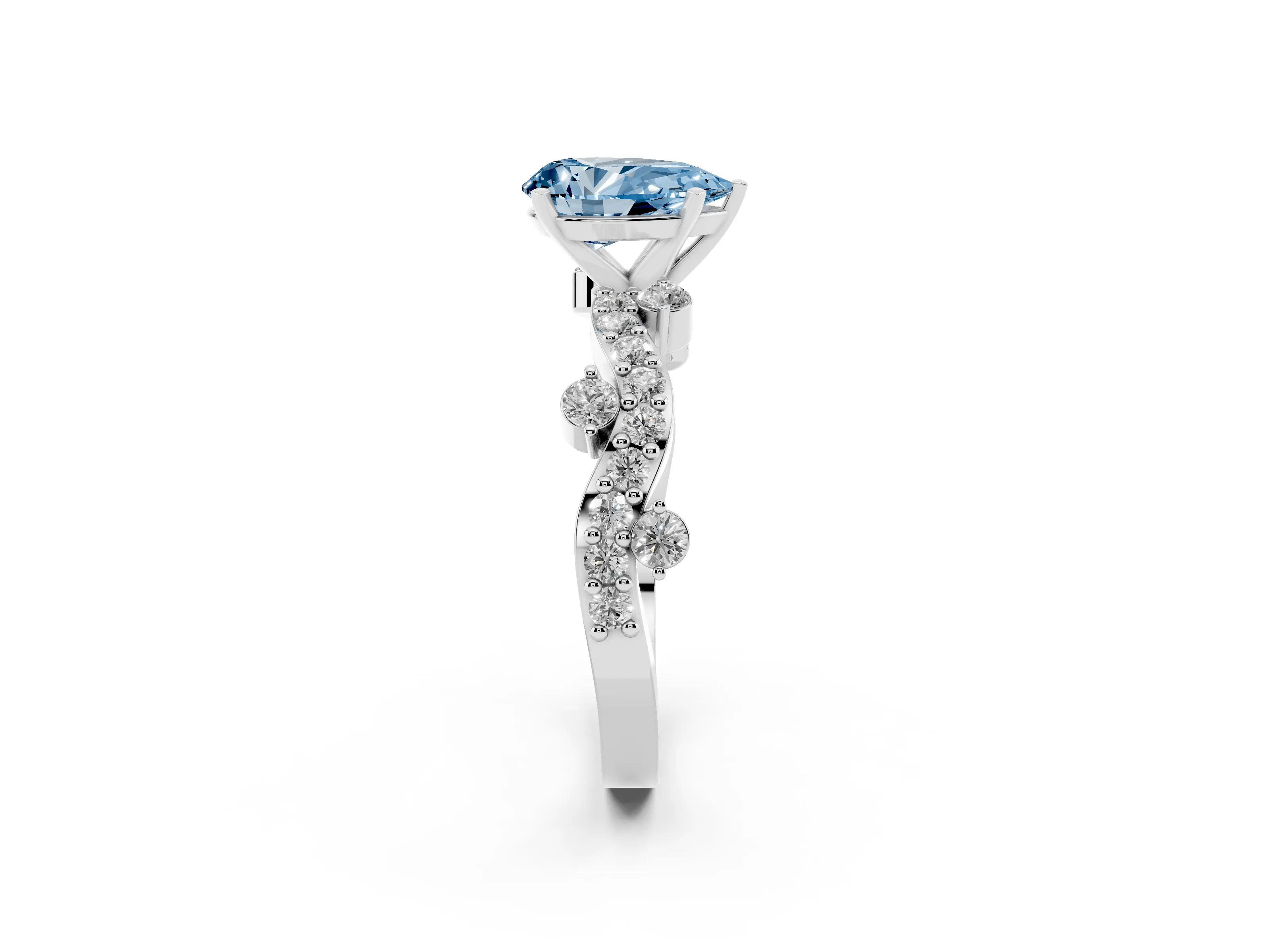 Fancy Blue Pear Cut Diamond Solitaire Twisted Band Set in Silver with Pavé Setting