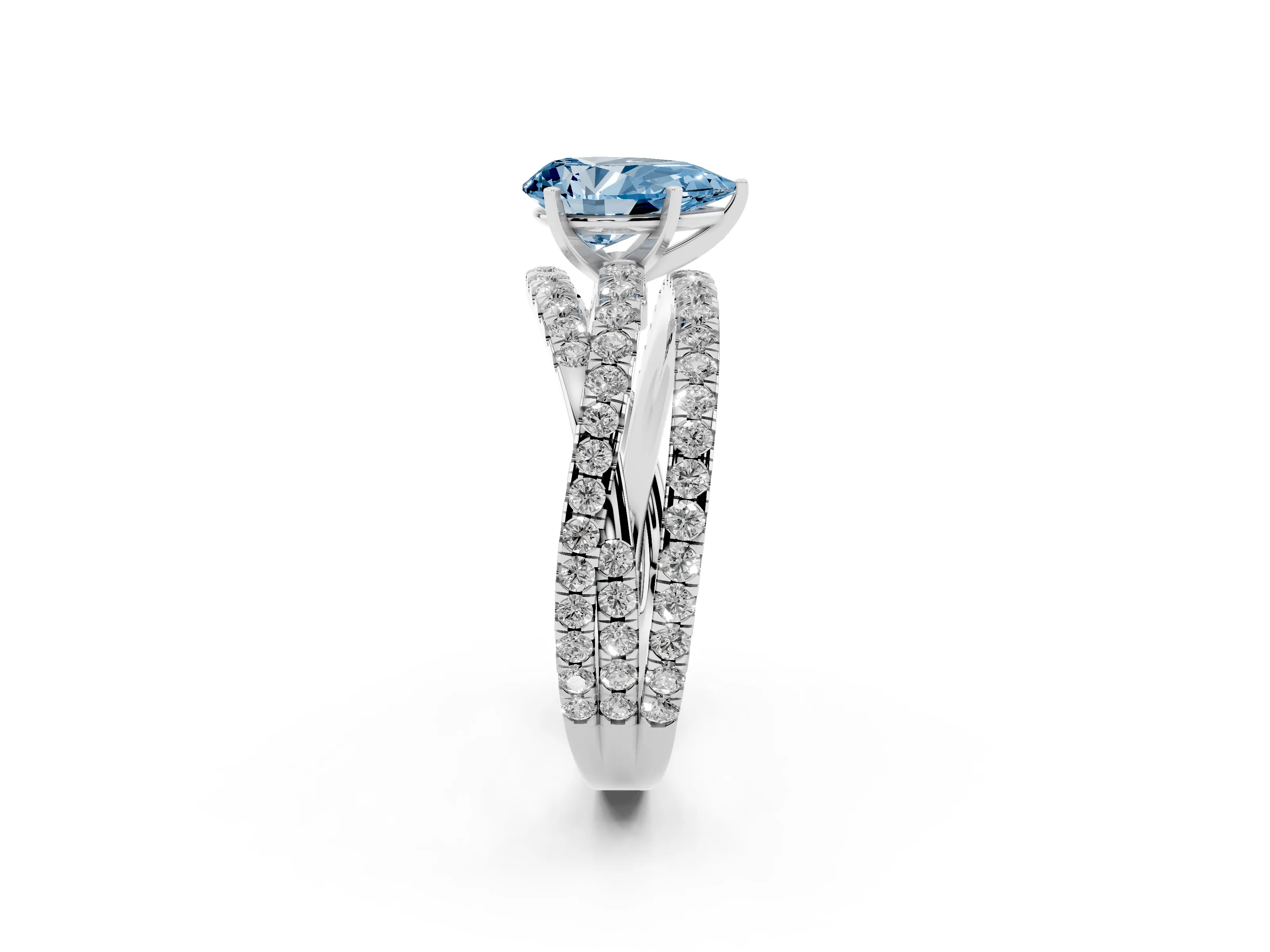 Fancy Blue Pear Cut Diamond Solitaire Twist Band Ring Set in Platinum with Pavé Setting and Prong Head