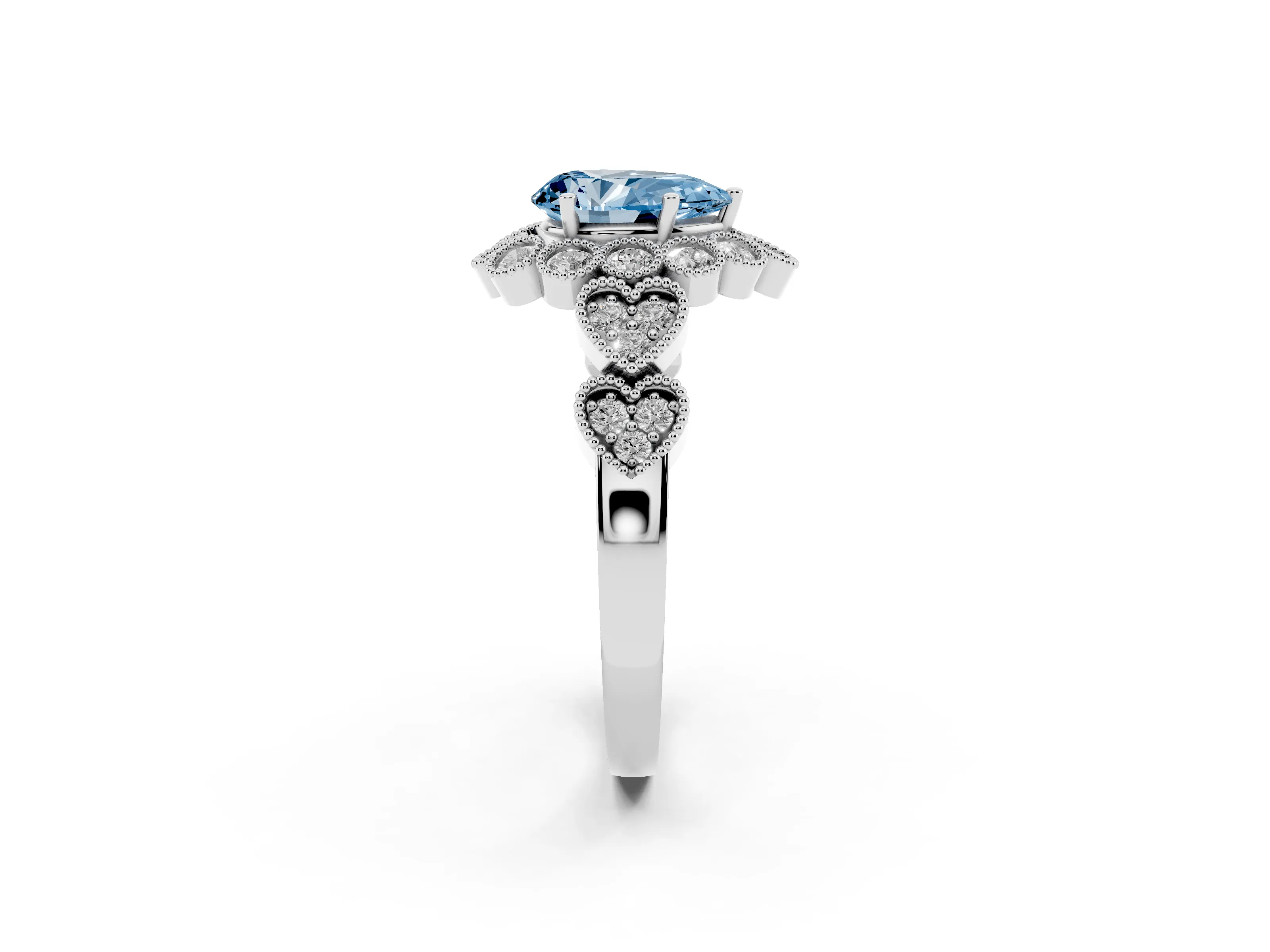 Fancy Blue Pear Cut Diamond Solitaire Ring Set in Platinum with Milgrain Pavé Heart Band
