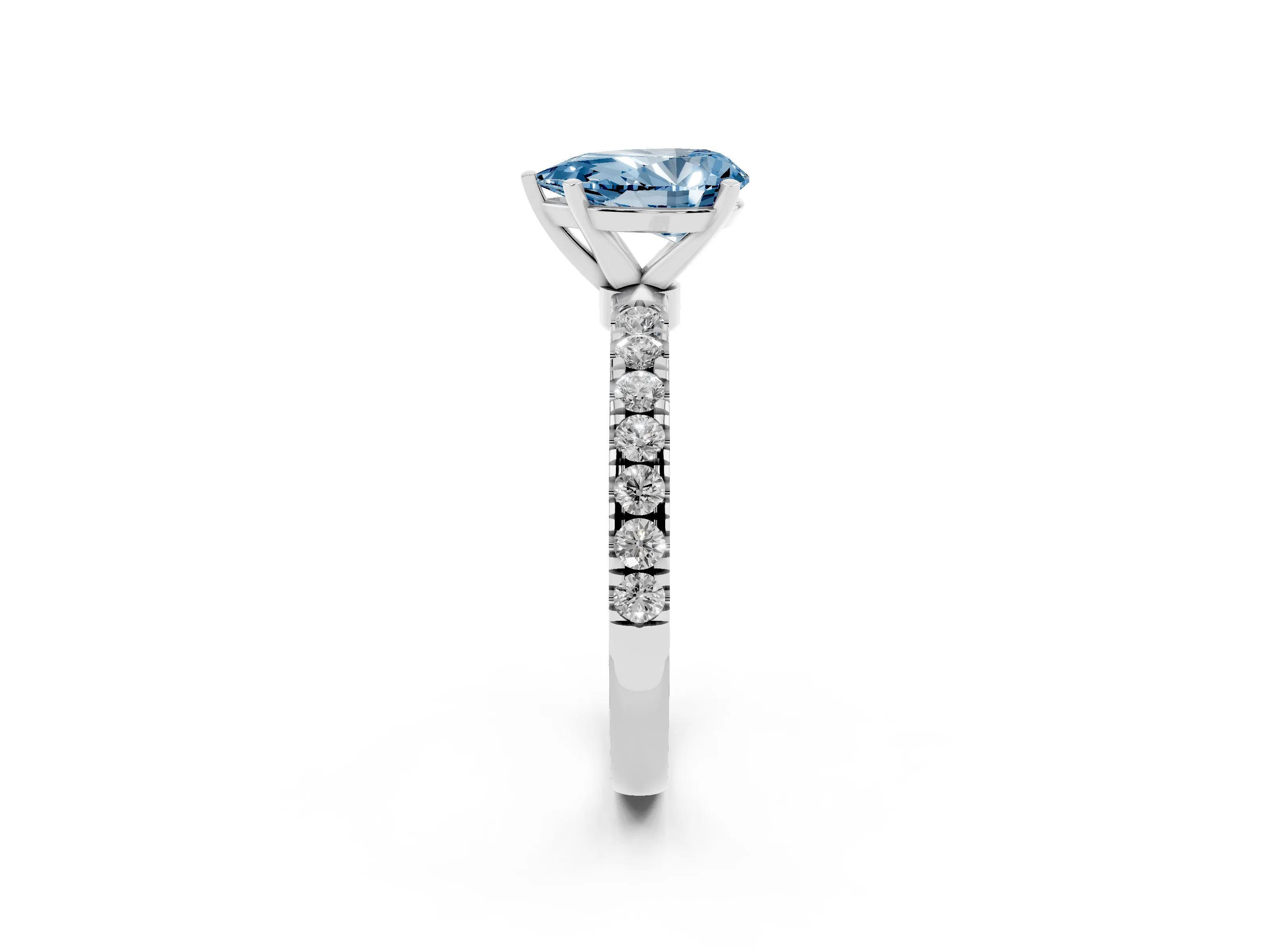 Fancy Blue Pear Cut Diamond Solitaire Ring Set in White gold with Pavé Accents and Prong Setting