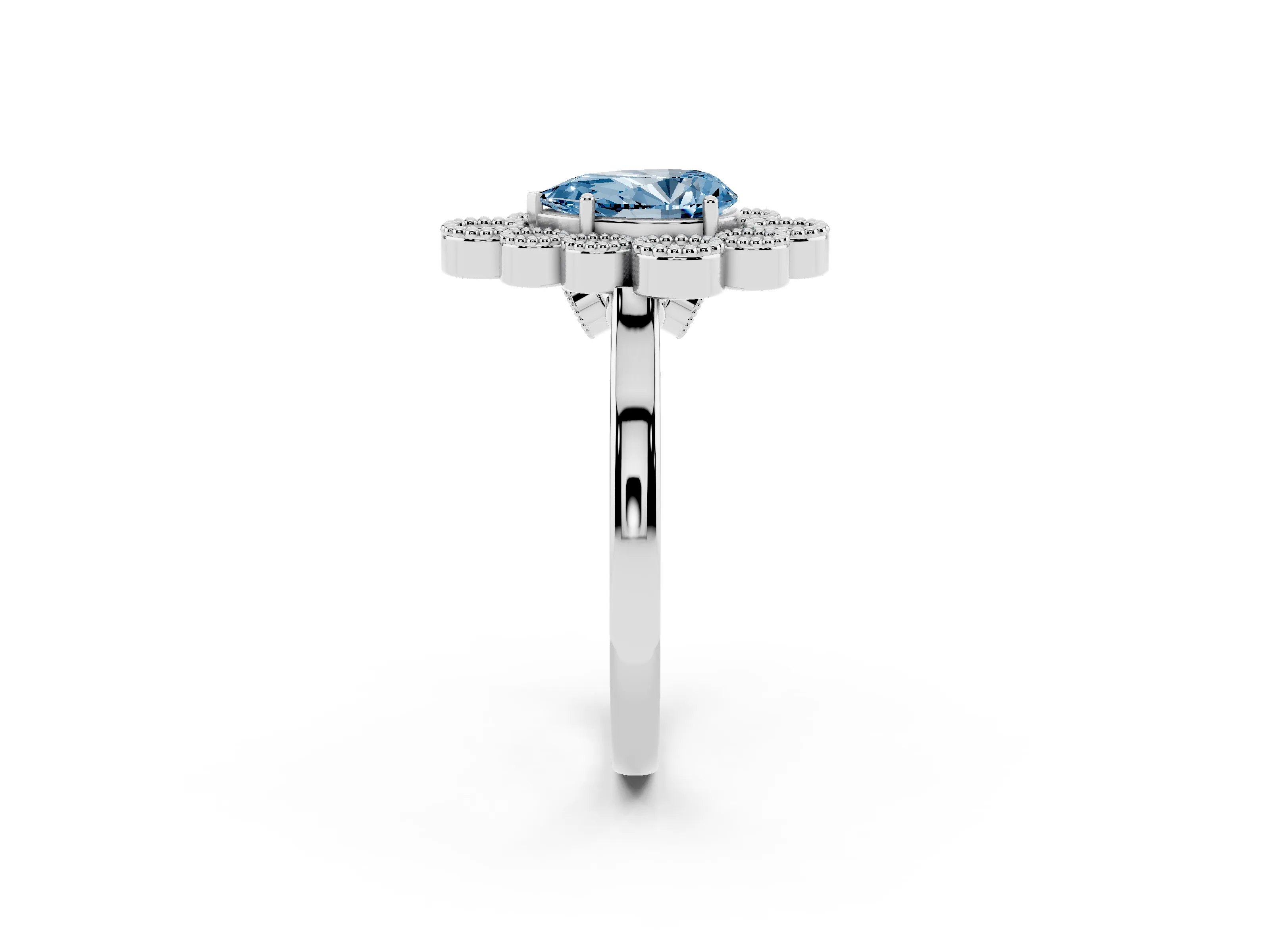 Fancy Blue Pear Cut Diamond Cluster Halo Ring Set in White gold with Milgrain Bezel Accents and Plain Band