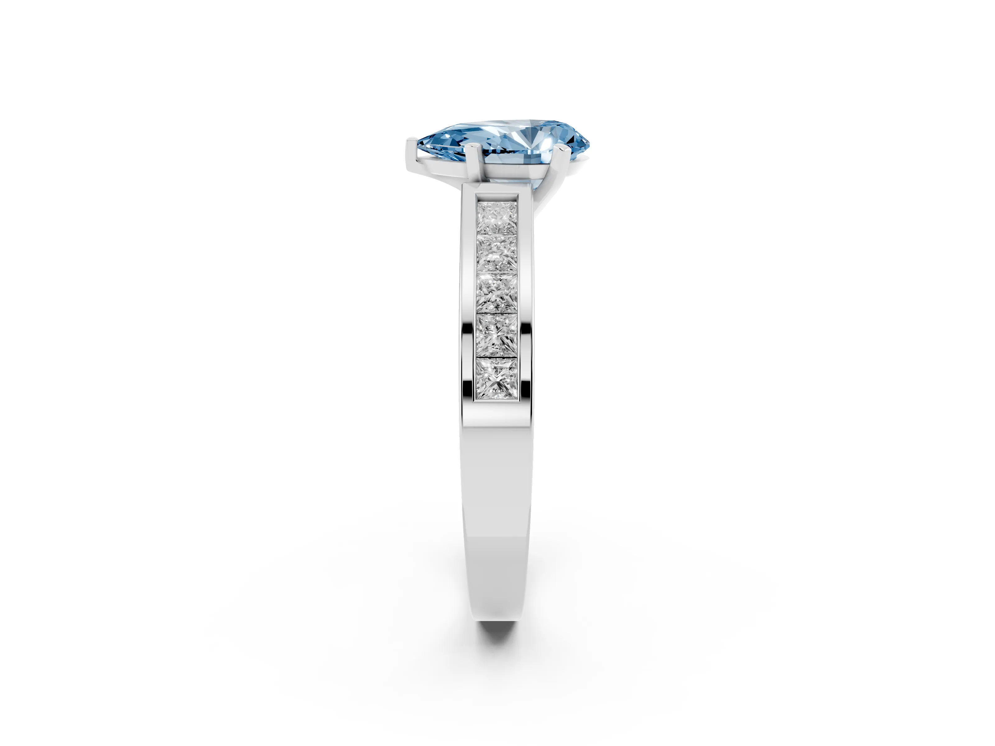 Fancy Blue Pear Cut Diamond Solitaire Ring Set in Silver with Channel-Set Band and Prong Setting