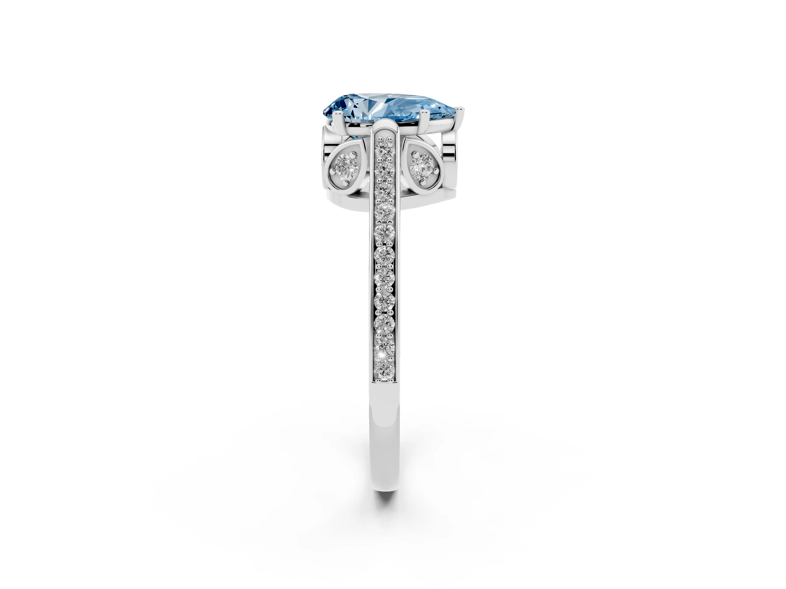 Fancy Blue Pear Cut Diamond Cathedral Pavé Engagement Ring Set in Platinum with Prong Setting