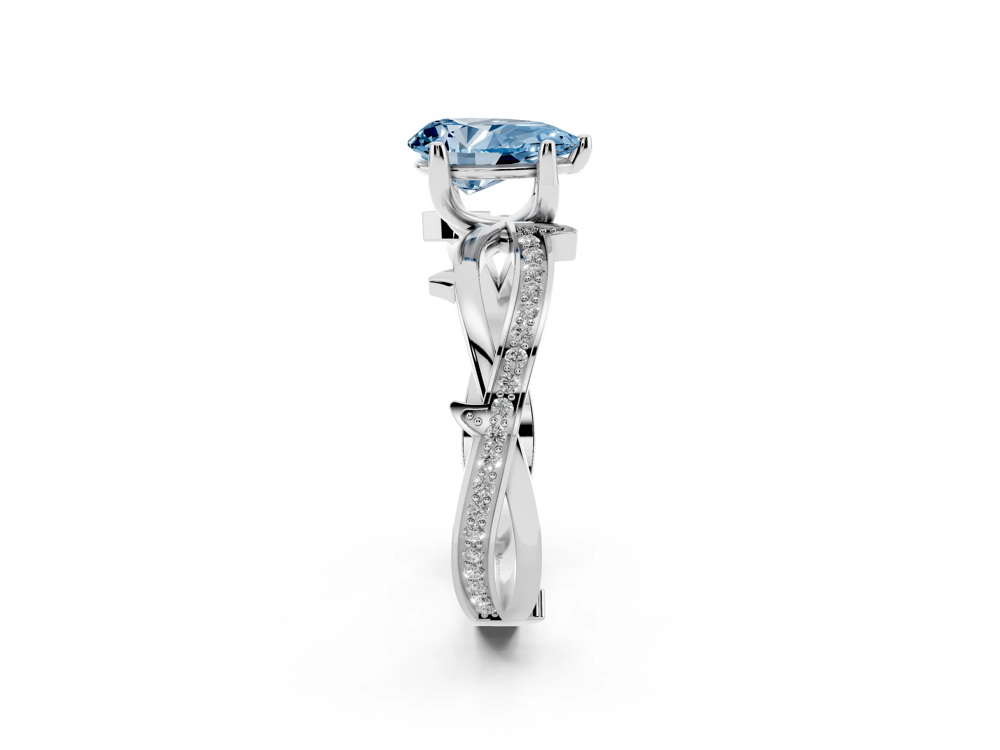 Fancy Blue Pear Cut Diamond Pavé Twist Band Solitaire Ring Set in Platinum with Prong Setting
