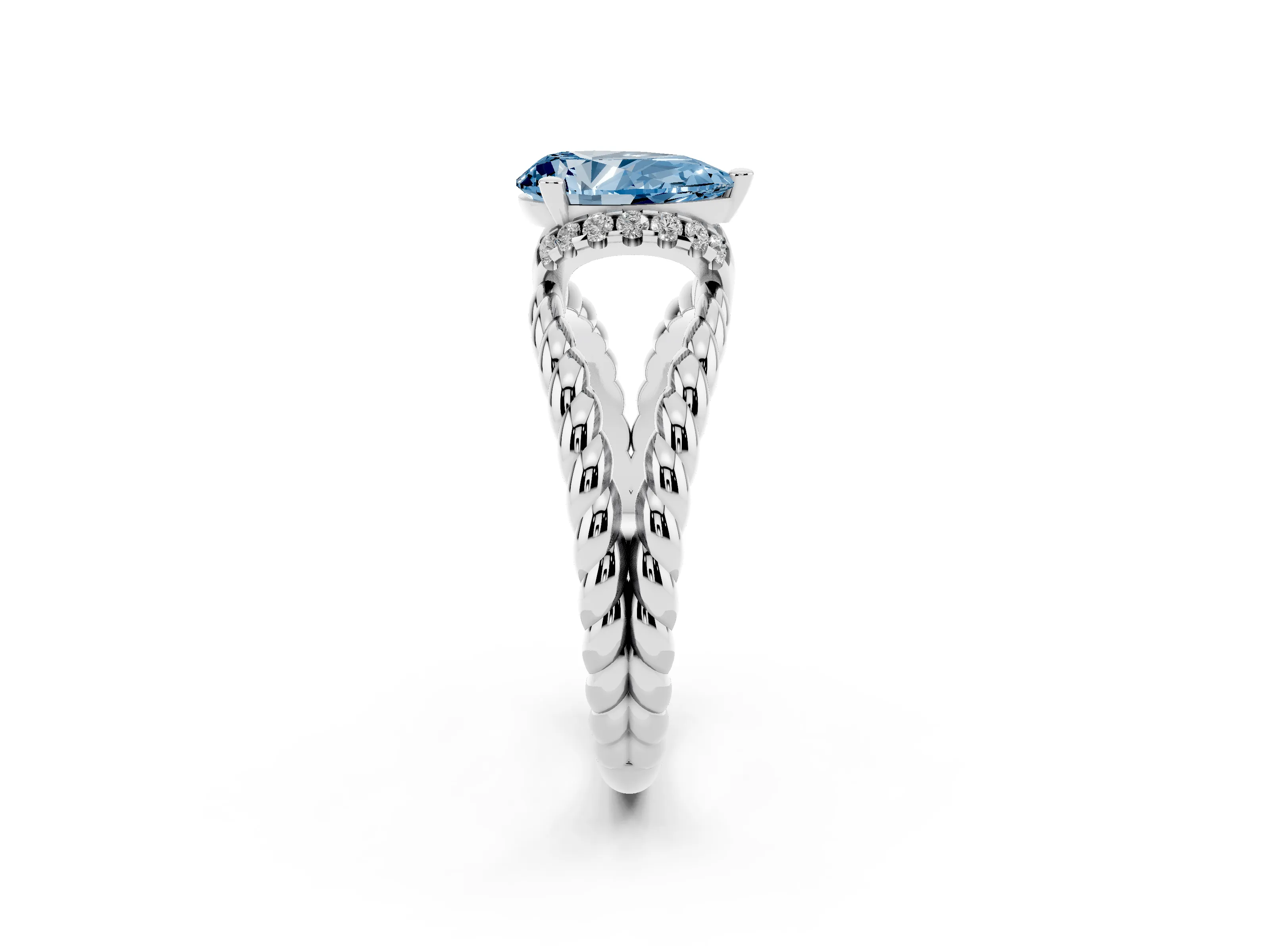 Fancy Blue Pear Cut Diamond Halo Ring Set in White gold with Twisted Band and Prong Setting