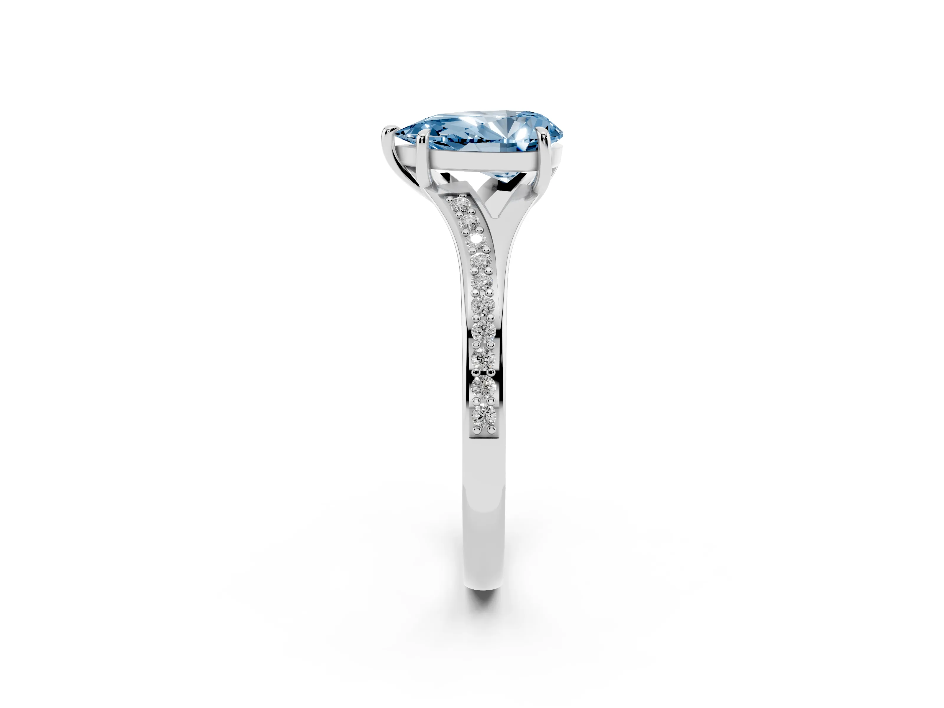 Fancy Blue Pear Cut Diamond Solitaire Ring Set in White gold with Pavé Accent Band and Classic Prong Setting