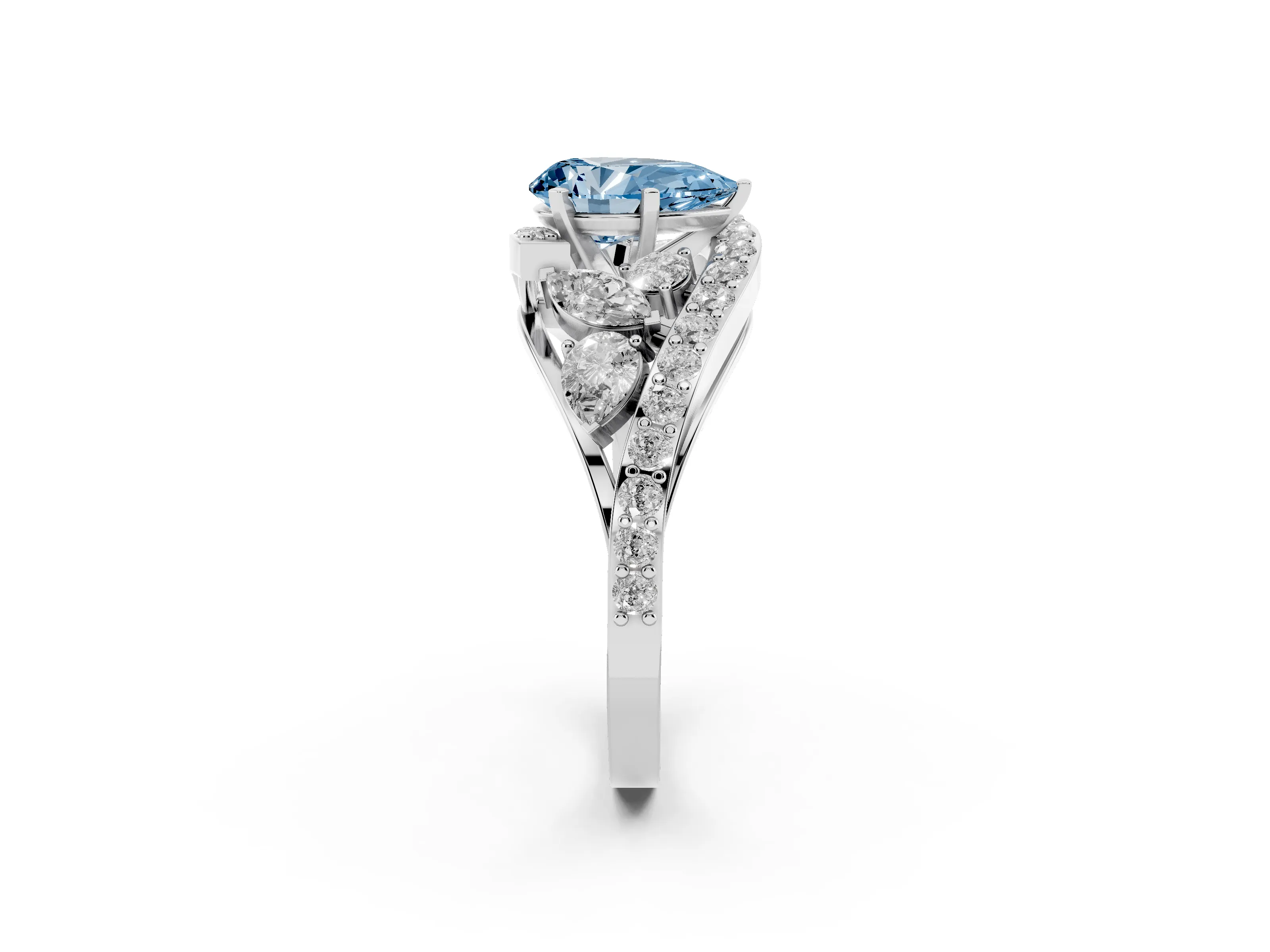 Fancy Blue Pear Cut Diamond Halo Ring Set in Platinum with Marquise and Pavé Band in Prong Setting