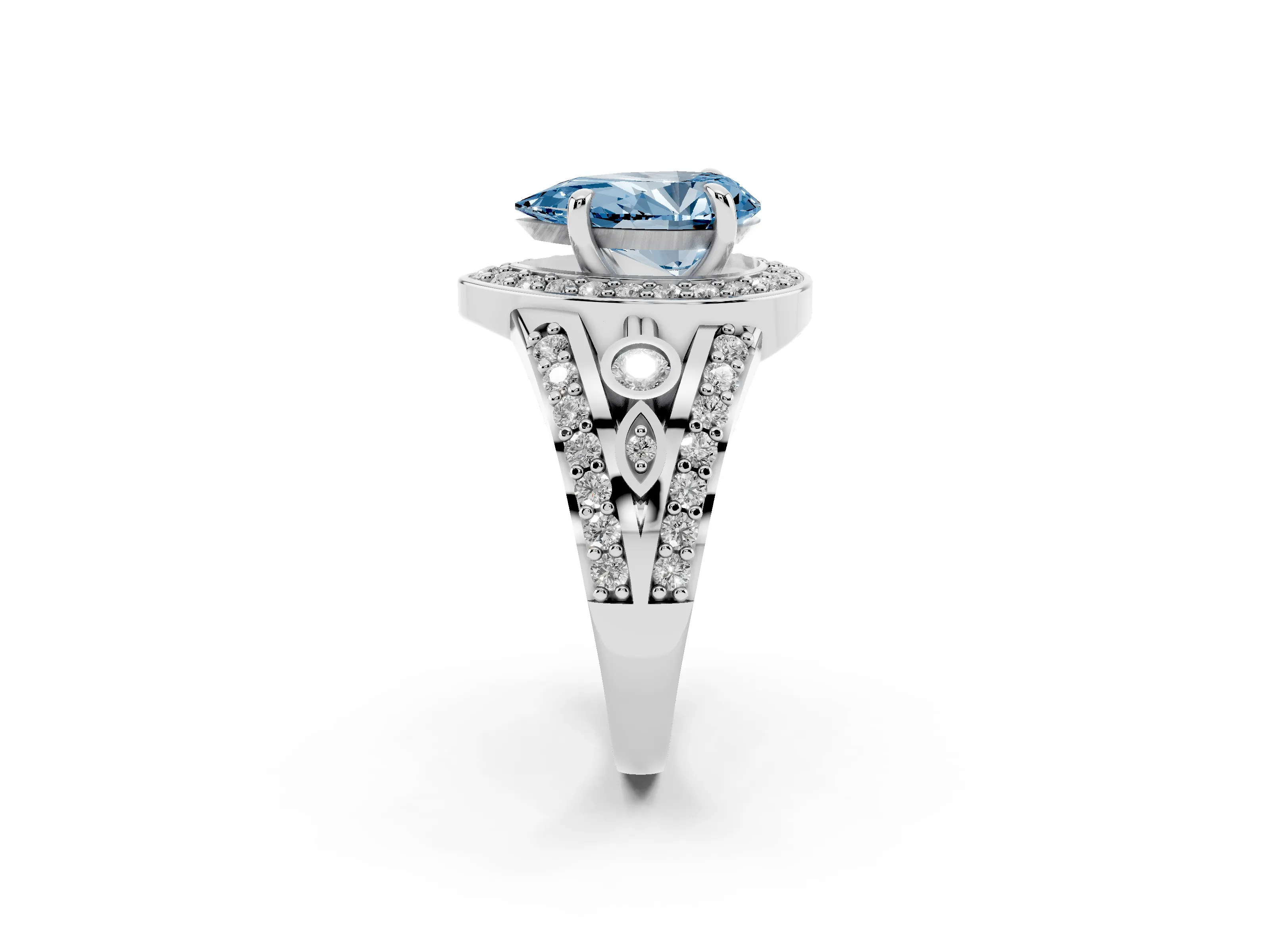 Fancy Blue Pear Cut Diamond Halo Ring Set in Silver with Pavé Split Shank and Bezel Accents