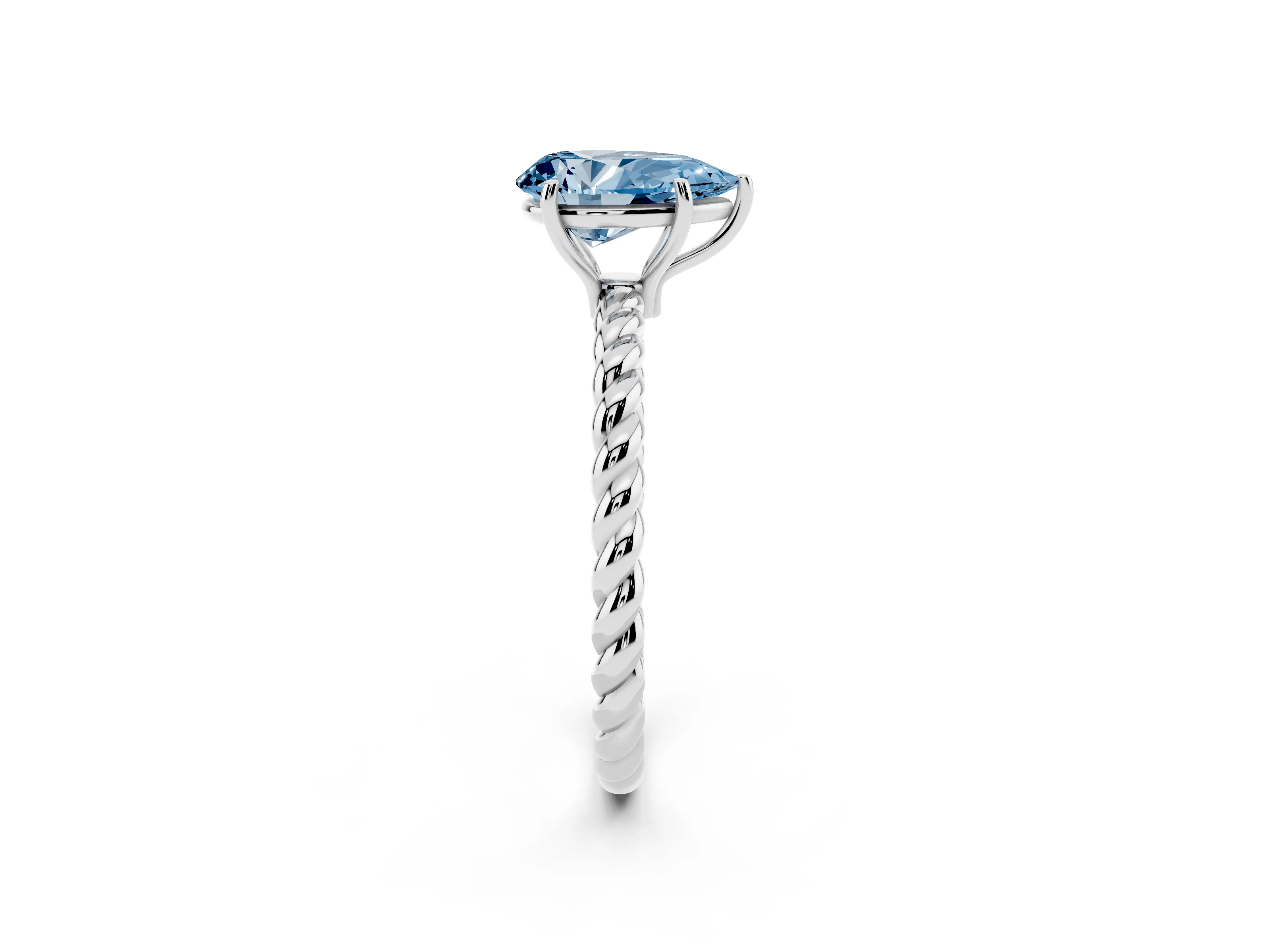 Fancy Blue Pear Cut Diamond Solitaire Ring Set in White gold with Twist Band and Prong Setting
