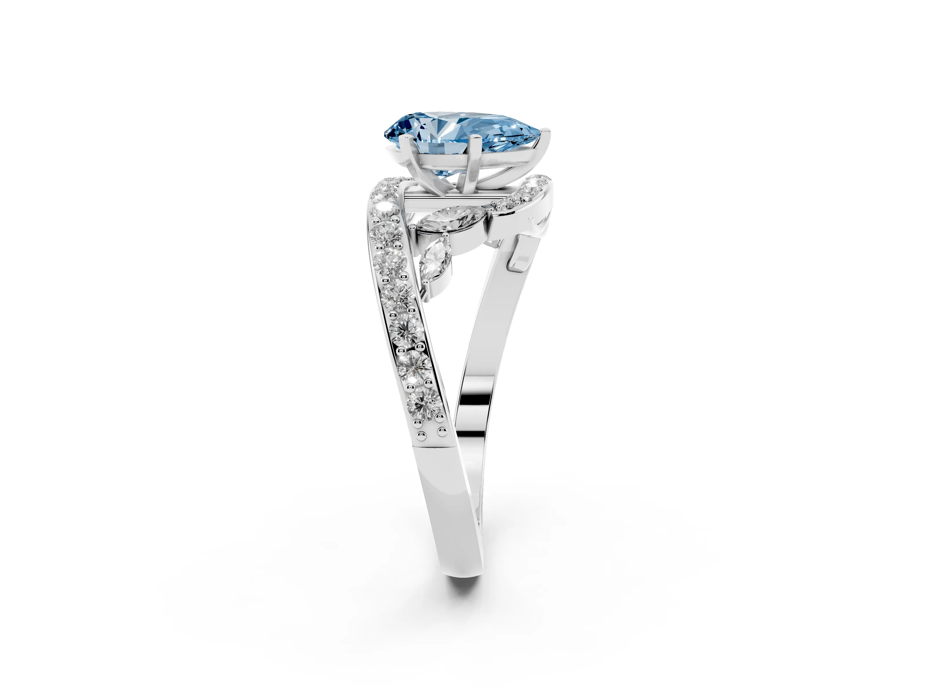 Fancy Blue Pear Cut Diamond Solitaire Ring Set in Platinum with Pavé Twist Band and Secure Prong Setting