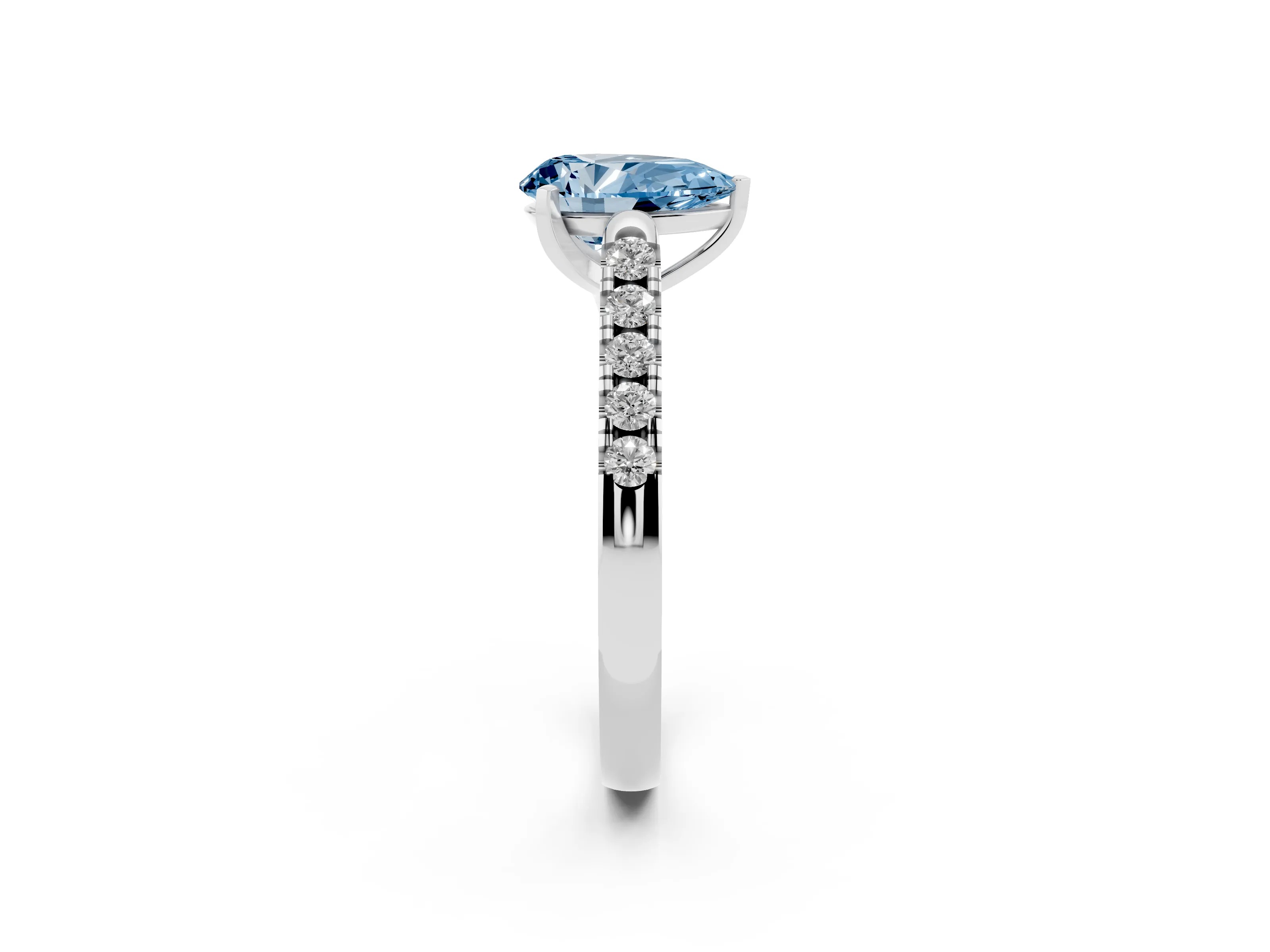 Fancy Blue Pear Cut Diamond Pavé Band Solitaire Ring Set in White gold with Partway Accent Stones and Prong Setting